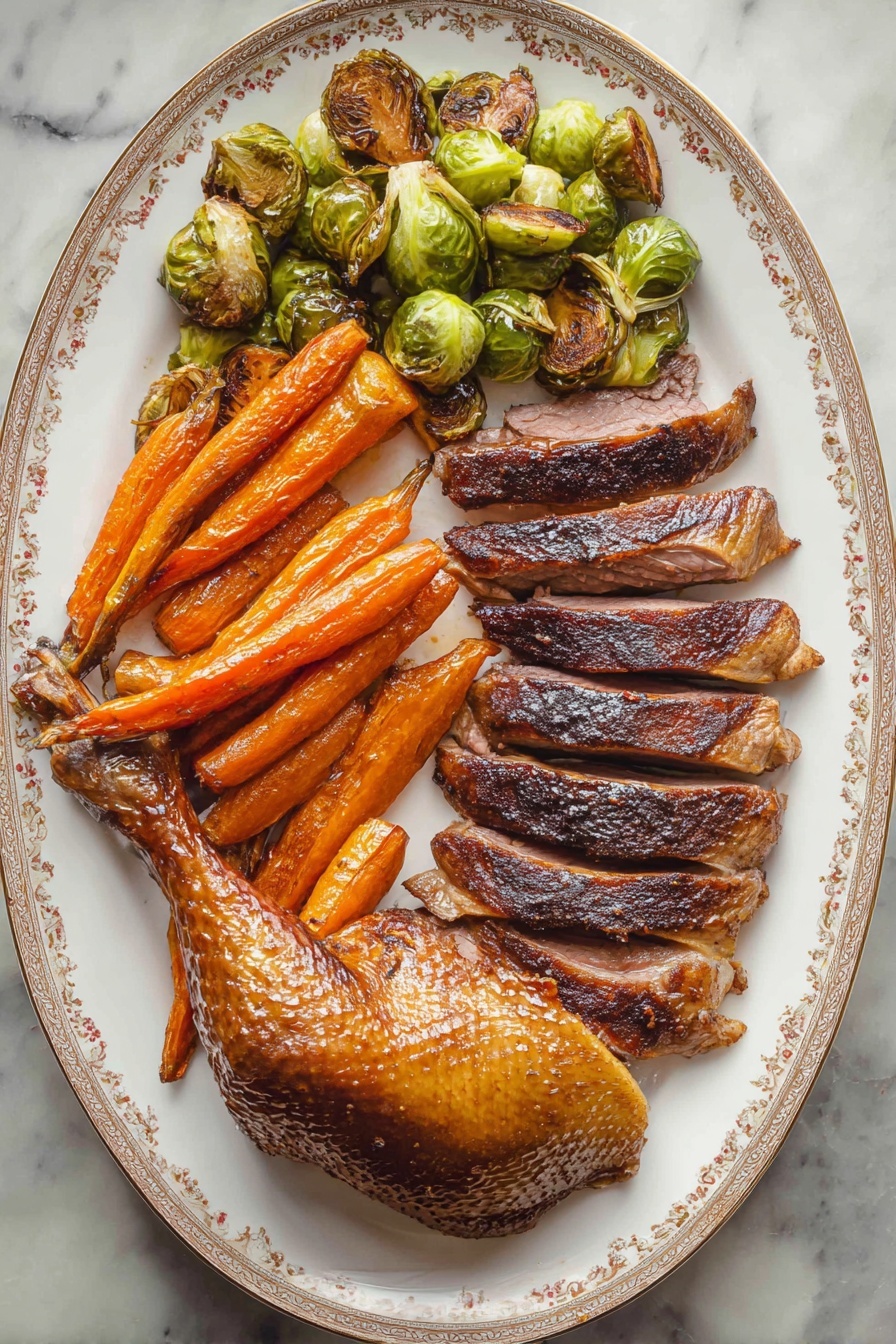 A large white oval plate with gold floral designs holds a meal with three sections: on the left bottom is a golden brown cooked turkey leg with crispy skin, in the middle top are roasted Brussels sprouts and sliced carrots, both showing some char marks with green and orange colors, and on the right side are five slices of dark brown roasted turkey breast arranged in a row showing juicy meat texture inside. The plate is placed on a white marbled surface photo taken with an iphone --ar 4:5 --v 7