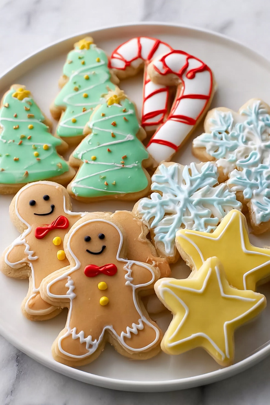 The image shows a white plate filled with colorful Christmas-themed cookies arranged in five groups: in the front are three gingerbread men with smooth brown icing bodies, smiling faces, red bow ties, and three small yellow buttons; behind them are four green Christmas tree cookies decorated with light green and dark green icing for branches, tiny white dots as ornaments, and a yellow star on top with a brown base; to the left are two candy cane cookies with alternating red and white stripes and white outlines; scattered behind are several snowflake-shaped cookies decorated with white icing and blue intricate snowflake patterns; and two star-shaped cookies with bright yellow icing and a clean white border. The plate sits on a white marbled surface photo taken with an iphone --ar 4:5 --v 7