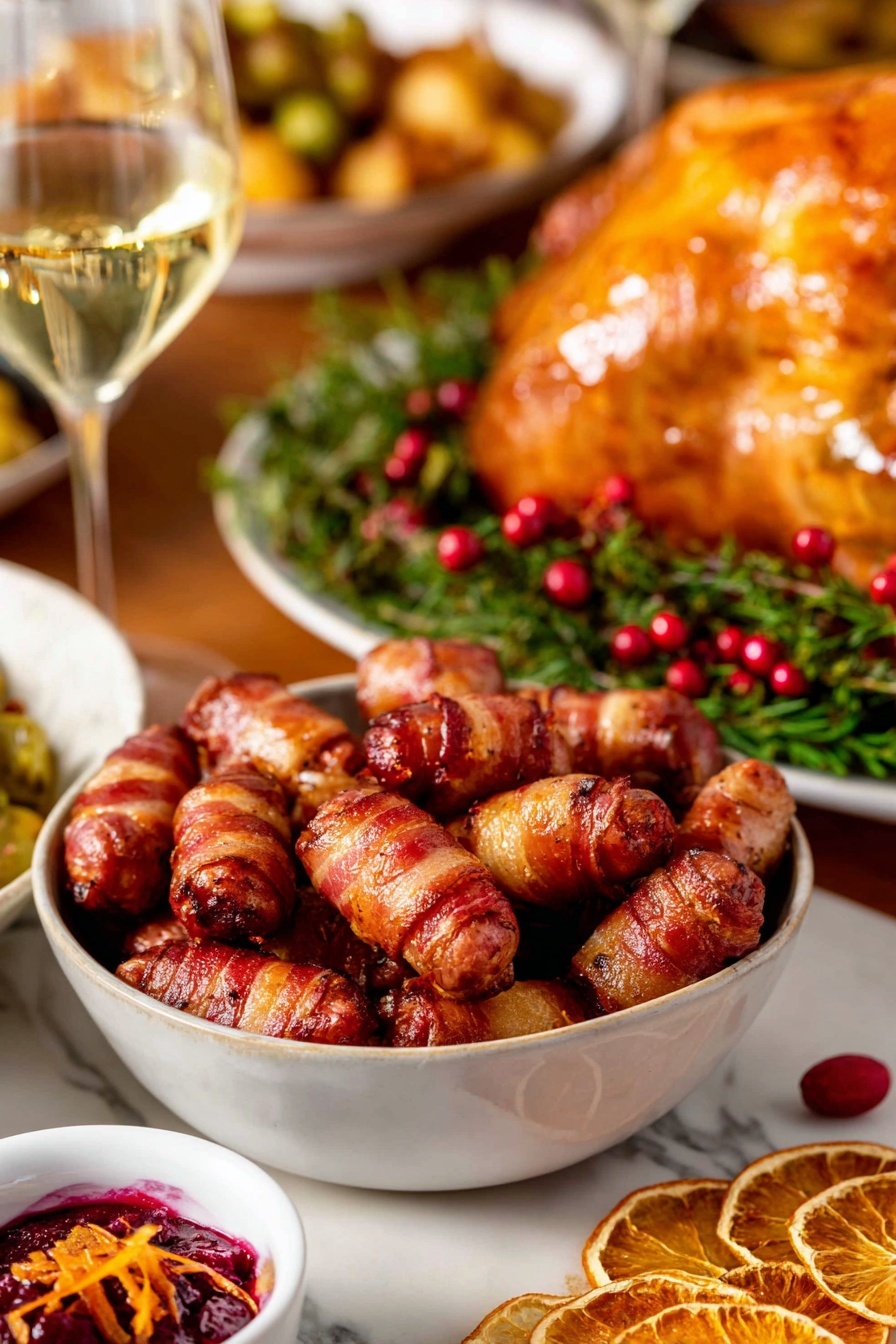 A white bowl full of small finger-shaped snacks wrapped in crispy, shiny reddish-brown bacon, each piece showing layers of browned and slightly caramelized bacon strips with a glossy texture. The bacon-wrapped pieces are tightly packed in the bowl, with some showing a slight curve and uneven shapes. The bowl sits on a wooden surface with a blurred background that includes a white plate of roasted food garnished with green herbs and bright red berries. Nearby, a glass of white wine and a small white bowl with a dark red sauce are partially visible. The setting has a cozy, festive feel with warm lighting and natural colors. photo taken with an iphone --ar 4:5 --v 7