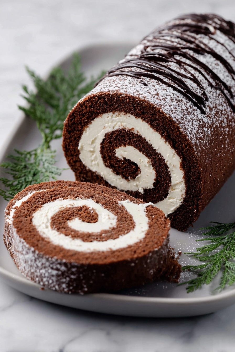 A chocolate roll cake is shown on a black tray with green leaves underneath. The cake has two main layers: a brown, soft chocolate cake rolled around a smooth white cream layer in a spiral pattern. Two slices of the roll are cut and placed in front, showing the clear spiral of cake and cream. The outside of the roll is decorated with thin dark chocolate lines and dusted with a light layer of powdered sugar. The tray sits on a white marbled surface. Photo taken with an iphone --ar 4:5 --v 7