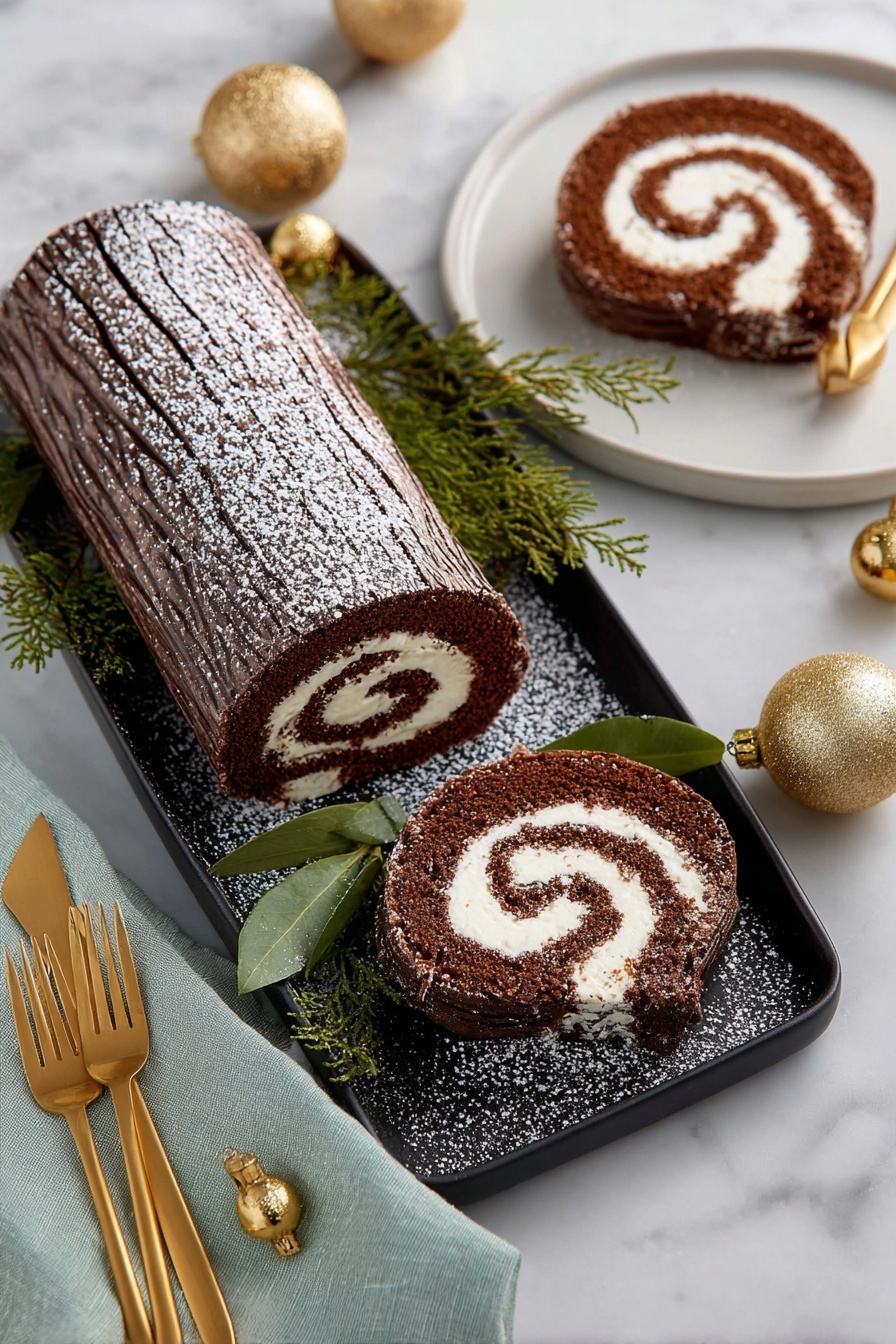 A chocolate roll cake with a dark brown outer layer, decorated with a pattern of chocolate drizzle and powdered sugar on top, sits in the center of a black plate. The cake is sliced, showing two round pieces with a light cream swirl inside. The black plate is garnished with green pine leaves dusted with powdered sugar, placed on a white marbled surface. Nearby, a white plate holds another slice of the roll with two gold forks on a green napkin beside it. Shiny gold ornaments rest on the white marbled surface around the plates. Photo taken with an iphone --ar 4:5 --v 7
