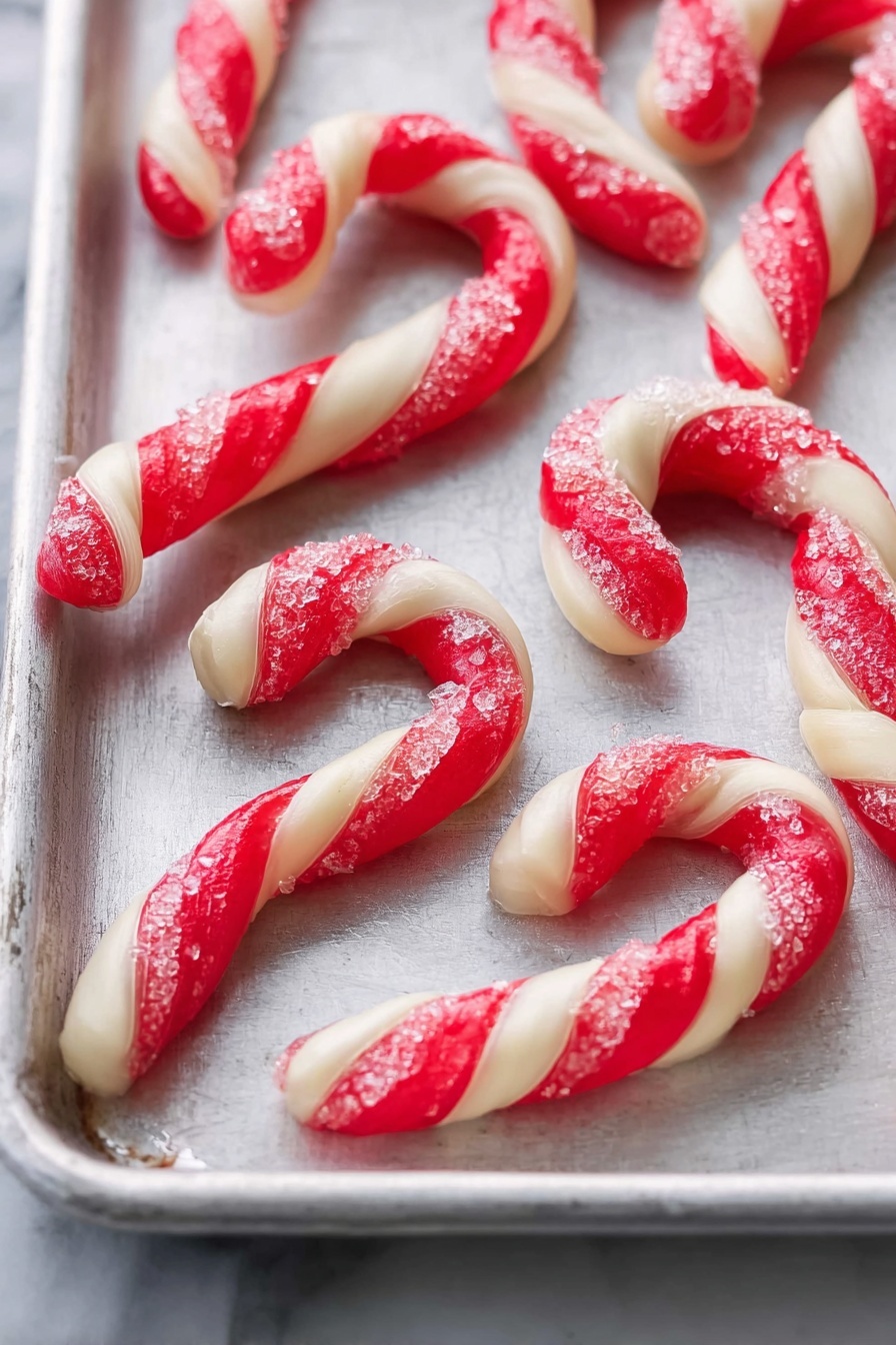 The image shows several candy cane-shaped cookies on a silver baking tray. Each cookie has two twisted stripes, one red and one white, that spiral together from tip to base. The red parts are smooth and vibrant, while the white parts have a light, soft texture. The tops of the cookies look slightly glossy, and some have a light sprinkling of coarse sugar. The baking tray has a dull metallic finish with small marks and scratches. The background is a white marbled texture. photo taken with an iphone --ar 4:5 --v 7