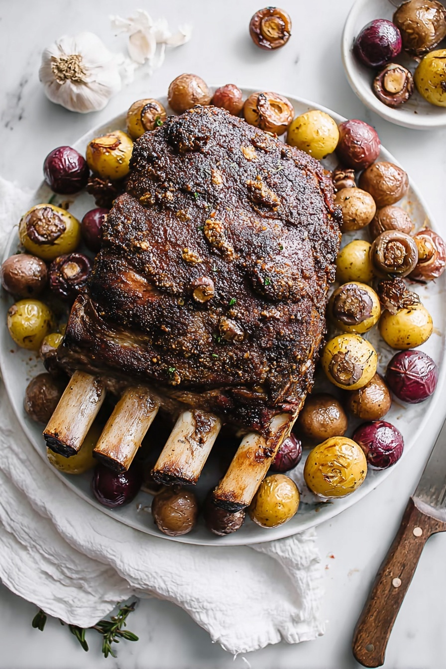 The image shows a white plate with two large, thick pieces of roast beef, each with a dark, crispy outer layer and a juicy pink center. Both pieces have ribs attached, visible on the right side, with the meat resting on the bones. Next to the meat, there is a small black bowl filled with creamy white sauce topped with chopped green herbs. The plate is placed on a white marbled surface with a white cloth napkin partly visible in the upper left corner. A knife with a dark wooden handle lies beside the plate on the right side. Photo taken with an iphone --ar 4:5 --v 7