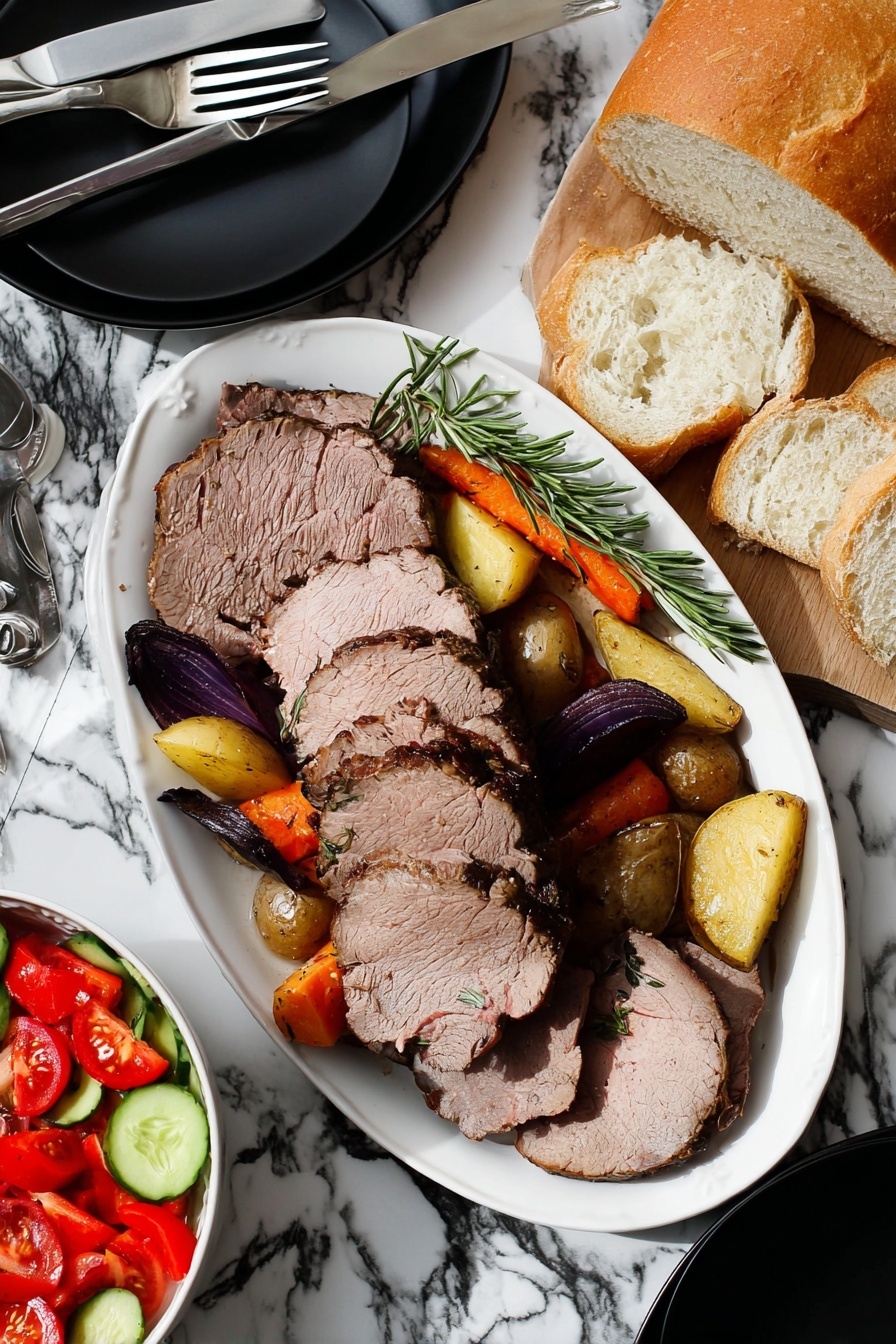 A wooden cutting board holds a large piece of sliced roasted meat with a dark brown, crispy outer layer and a pinkish center. The meat is cut into five thick pieces, arranged in a slightly overlapping line from left to right. To the left of the meat, a large knife with a black handle rests on the cutting board. The background and surface are a white marbled texture. photo taken with an iphone --ar 4:5 --v 7