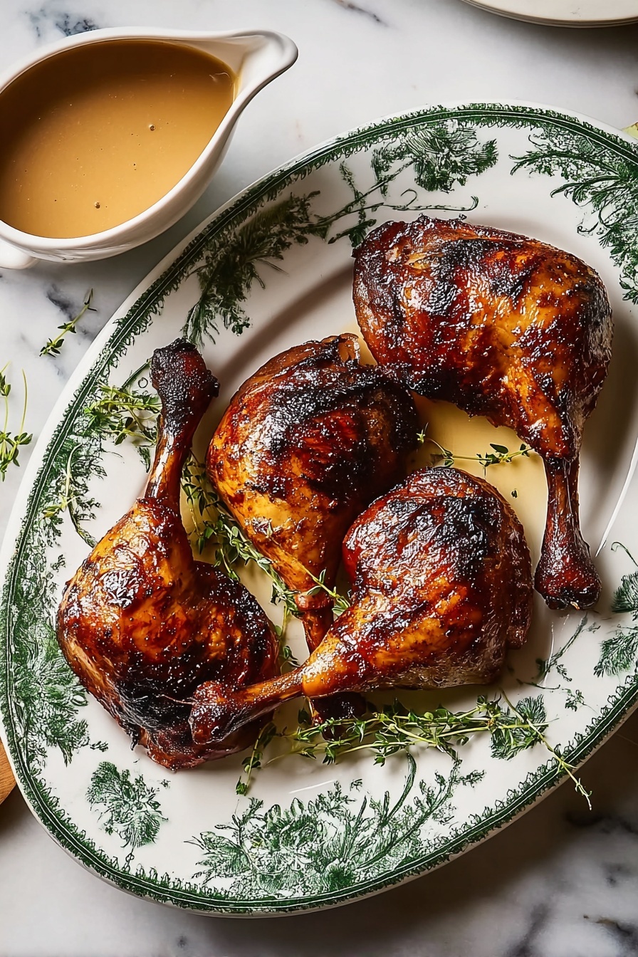 A large white oval plate with a floral green border holds four roasted dark brown chicken legs with crispy skin, arranged in a loose cluster with some space between them. Fresh green sprigs of thyme are scattered beneath and around the chicken pieces. On the right side of the plate, a white gravy boat filled with light brown gravy sits, its handle facing outward. The plate is placed on a white marbled surface. Photo taken with an iphone --ar 4:5 --v 7
