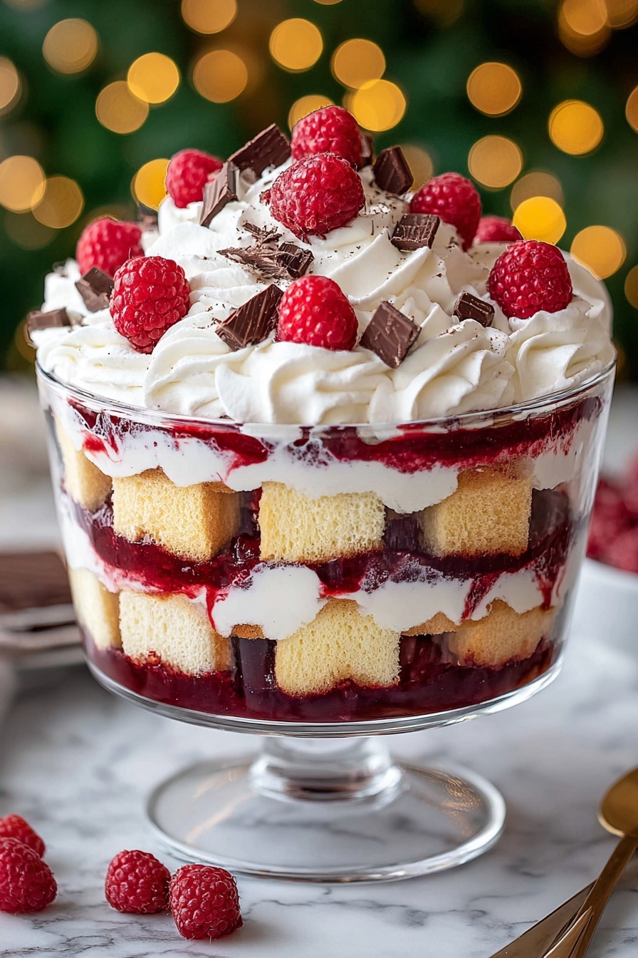 A clear glass trifle bowl holds a dessert with five visible layers. The bottom layer is a dark red raspberry sauce with whole raspberries scattered inside. Above that, there is a layer of light beige cake cubes mixed with more raspberry sauce. The third layer is white whipped cream, thick and smooth. Next, another layer of cake cubes sits on top of a layer of red raspberry sauce, followed by a generous amount of whipped cream covering the surface. On top, there are fresh bright red raspberries and small pieces of dark chocolate scattered evenly. The dessert sits on a white marbled surface, with fresh raspberries and chocolate squares placed around it. Photo taken with an iphone --ar 4:5 --v 7