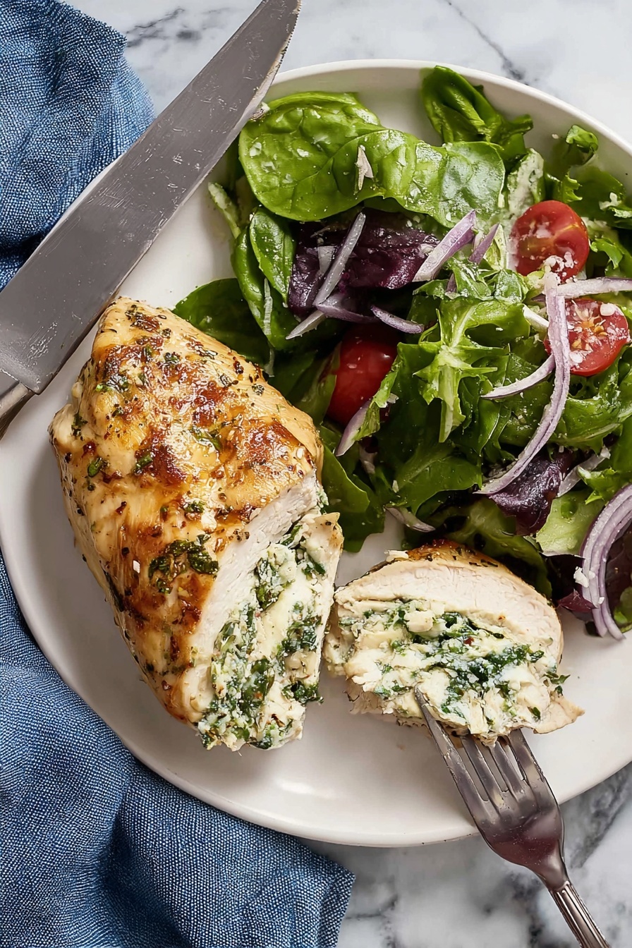 A white plate holds a cooked chicken breast seasoned with herbs and spices, garnished with small green parsley pieces on top. It rests on a bed of what looks like finely chopped greens mixed with a white creamy sauce under the chicken. On the left side of the plate is a fresh salad made of dark green spinach leaves, red cherry tomatoes sliced in half, thin slices of white onion, and mixed purple and light green lettuce. The plate is on a white marbled surface, next to a folded light blue cloth with a silver fork and knife resting on it. Photo taken with an iphone --ar 4:5 --v 7