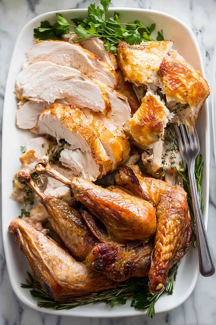 The image shows a white rectangular dish filled with several pieces of cooked turkey with golden-brown skin and tender light pinkish white meat underneath. There are six main turkey pieces layered closely together with some slices of turkey breast at the front showing a juicy, smooth texture. On the left side, there is a small bunch of fresh green herbs, and on the right side near a silver fork is a small bunch of green parsley. The whole dish sits on a white marbled surface. photo taken with an iphone --ar 4:5 --v 7