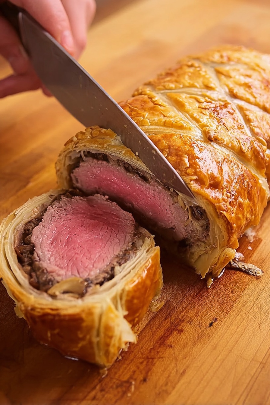 The image shows a close-up of a woman’s hand slicing into a piece of beef Wellington with a large knife on a wooden cutting board. The beef Wellington has three layers: the outer layer is golden brown and crispy pastry, the middle layer is a thin dark brown mushroom mixture, and the innermost layer is a pinkish cooked beef center. The knife is cutting through all the layers, with some small bits falling off. The wooden cutting board has a natural texture, and the background is out of focus. photo taken with an iphone --ar 4:5 --v 7
