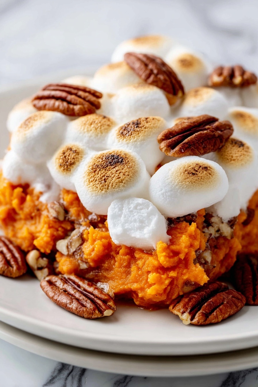 A close-up of a single serving of sweet potato casserole on a white plate, placed on a white marbled surface. The dish has two main layers: the bottom layer is a soft and chunky bright orange sweet potato mix with bits of dark brown pecans scattered throughout, and the top layer is a thick layer of fluffy white toasted marshmallows with a slight golden brown color on the top, sprinkled with whole pecans evenly placed. In the background, part of a clear glass baking dish with more sweet potato casserole is visible but blurred. Photo taken with an iphone --ar 4:5 --v 7