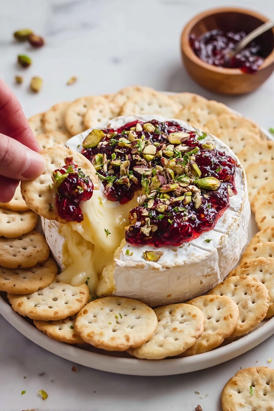 A round white cheese wheel is placed in the center of a white plate on a white marbled surface. The cheese has a smooth creamy outer layer with a soft, melted interior oozing out where a segment has been removed. On top of the cheese, there is a thick layer of dark red jam, garnished with pieces of chopped almonds, pistachios, and fresh green herbs. Surrounding the cheese on the plate are many round, pale beige crackers with small holes and light speckles. A woman's hand is holding one of the crackers, dipping it into the melted cheese. To the side, there is a small brown bowl filled with the same red jam, with a white spoon inside. The overall image is bright, fresh, and inviting photo taken with an iphone --ar 4:5 --v 7