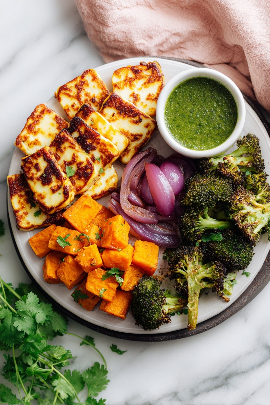 A white plate filled with three main layers: at the top right are slices of golden-brown grilled halloumi cheese dotted with green herb sauce; below to the left are bright orange roasted sweet potato cubes also topped with small green herb dots; at the bottom are green roasted broccoli florets with a few pieces of red onion slices piled on top at the center, sprinkled lightly with herb sauce. The plate sits on a gray plate with fresh cilantro and a pink cloth on a white marbled surface. Nearby, a small white bowl contains green herb sauce photo taken with an iphone --ar 4:5 --v 7
