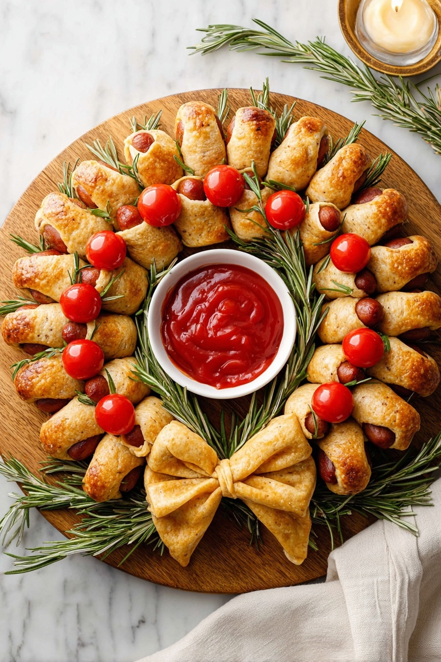A round white plate with a wreath-shaped arrangement of small hot dogs wrapped in golden-brown pastry dough, each piece evenly spaced to make the wreath. The top layer includes small bright red cherry tomatoes and white cheese stars placed on the pastry. Green rosemary sprigs are tucked between the dough-wrapped hot dogs, adding a fresh green color around the wreath. In the middle of the wreath is a small white bowl filled with smooth red ketchup. At the bottom of the wreath is a large pastry bow made from the same golden dough, giving the wreath a festive look. The plate rests on a white marbled surface with a green and white cloth partly showing below. Photo taken with an iphone --ar 4:5 --v 7