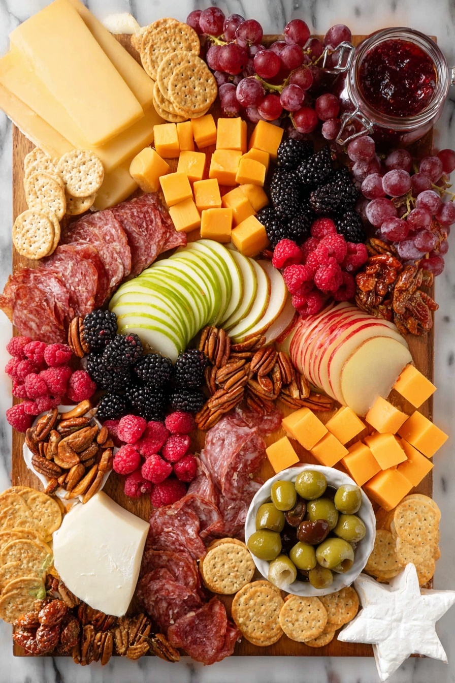 A wooden board with a handle lies on a white marbled surface, filled with a colorful mix of foods. Starting from the bottom left corner, there is a white bowl with green and dark olives. Next to it, creamy cheese cubes are scattered near pecans and a round of white cheese. On the left side, peach slices and mixed berries like raspberries and blackberries add red and purple hues. In the center, a small wooden bowl holds sugary almonds surrounded by layers of red and pink salami slices, and layered slices of pear. Cubes of bright orange cheese are near the pear. On the right side, round golden crackers are stacked next to star-shaped white creamy cheese, more pecans, and thin slices of prosciutto, along with pink and red folded cured meats and figs halved. Green sprigs of herbs and scattered red berries decorate the board. Two silver forks rest on the white marbled surface in the background. Photo taken with an iphone --ar 4:5 --v 7
