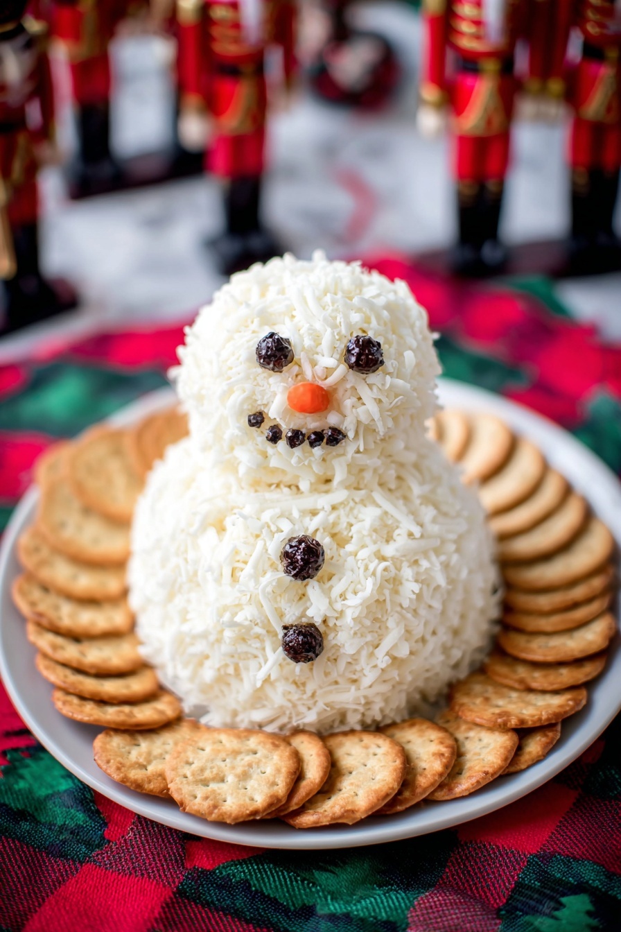 A round two-layer snowman-shaped cheese ball sits in the center of a white plate. The cheese ball is covered with shredded white cheese, creating a fluffy texture. The snowman's face is made with small black peppercorns for eyes and mouth, and a small orange piece for the nose. There are three peppercorn buttons running down the front of the bottom ball. Around the snowman on the plate are many round golden-brown crackers. The plate is placed on a white marbled surface with a blurred colorful background featuring red and green patterns. photo taken with an iphone --ar 4:5 --v 7