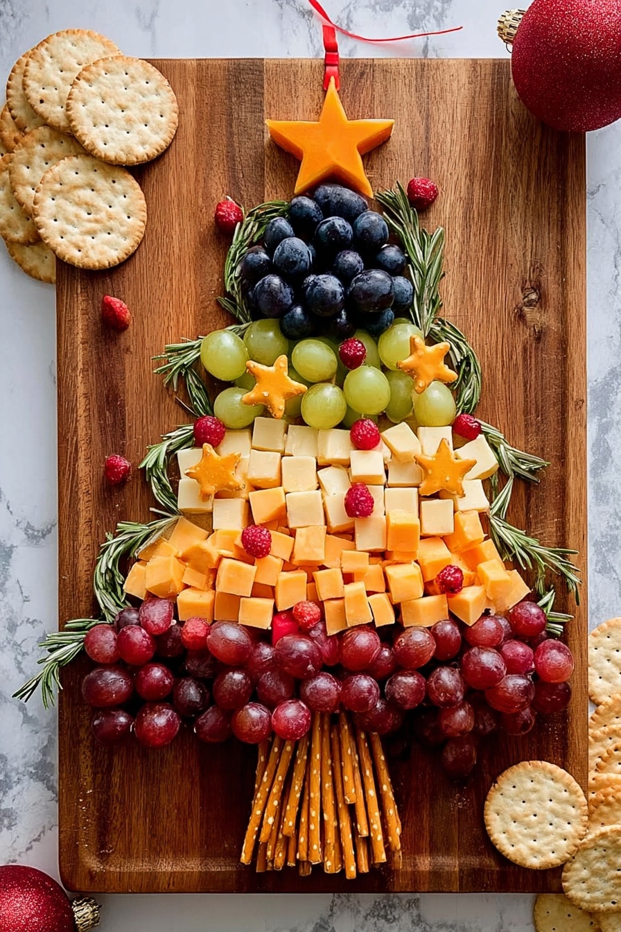 The image shows a wooden board with a Christmas tree shape made from food. The tree has six layers: a star-shaped orange carrot piece on top; below it, a layer of dark purple grapes; next, small cubes of light yellow cheese with star-shaped cheese pieces and some red berries scattered; then a layer of green grapes; below that, more small cheese cubes mixed with red berries; under that, a thick layer of red grapes; and at the bottom, orange cheese cubes with red berries on top. Around the tree edges, green rosemary sprigs act like branches. The trunk is made of pretzel sticks. The board is placed on a white marbled surface, with white crackers on the bottom left and round crackers on the bottom right. Two cheese blocks sit on the left side of the board, and a red Christmas ornament is on the top right corner. Photo taken with an iphone --ar 4:5 --v 7