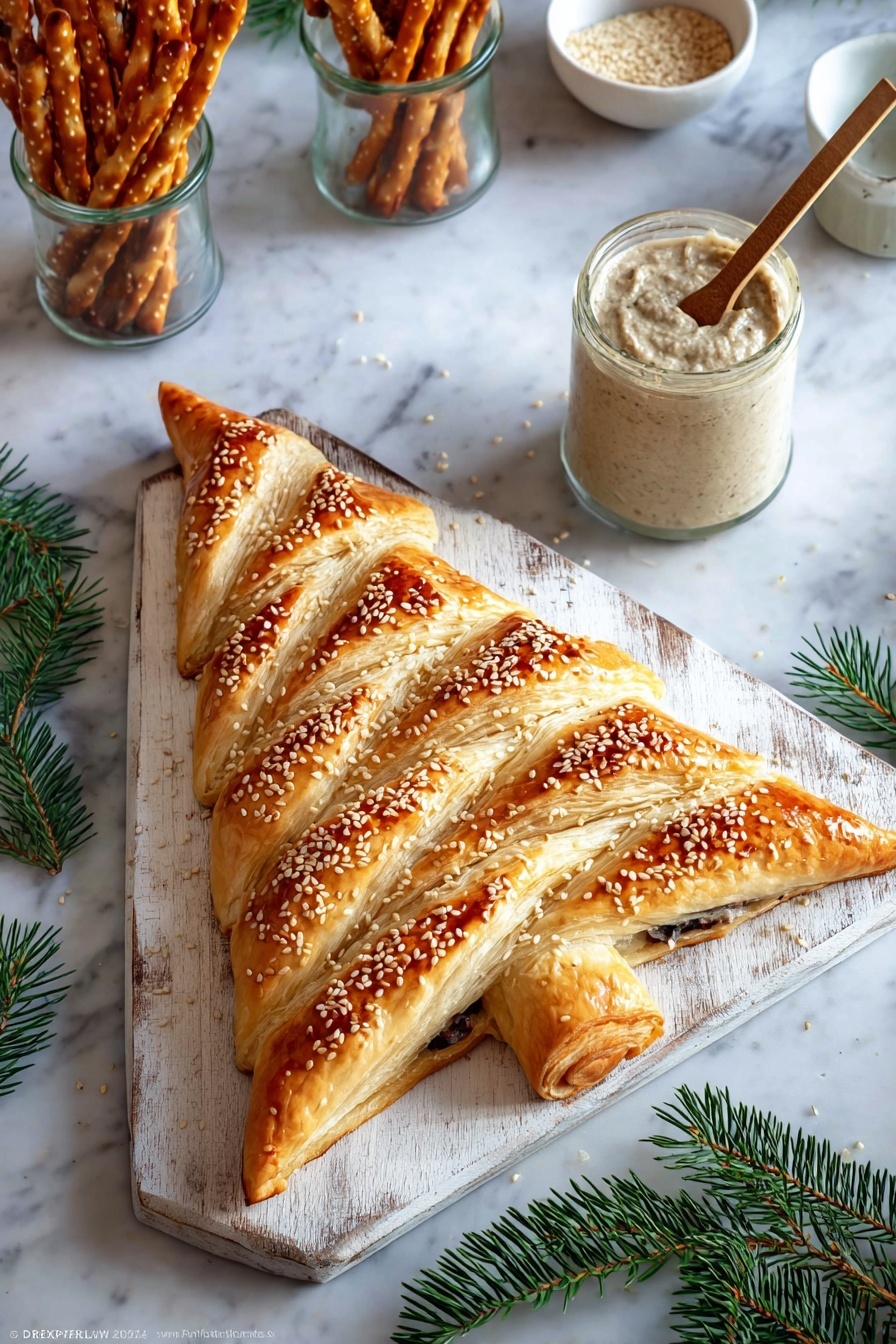 A golden brown puff pastry shaped like a Christmas tree sits on a textured white wooden board. It has about five visible layers of flaky, crispy dough. The tree’s trunk is a solid rectangular shape topped with white sesame seeds, while the body consists of twisted sections of dough with a darker filling visible inside. Each twisted strip fanning out from the center adds a textured, braided look, creating an overall festive tree shape. Small green pine sprigs are scattered around the board, and there are some twisted pastry sticks in a clear glass and on the wooden table with a white marbled texture in the background. A wooden brush and a small white bowl of coarse salt are placed near the top left corner. Photo taken with an iphone --ar 4:5 --v 7
