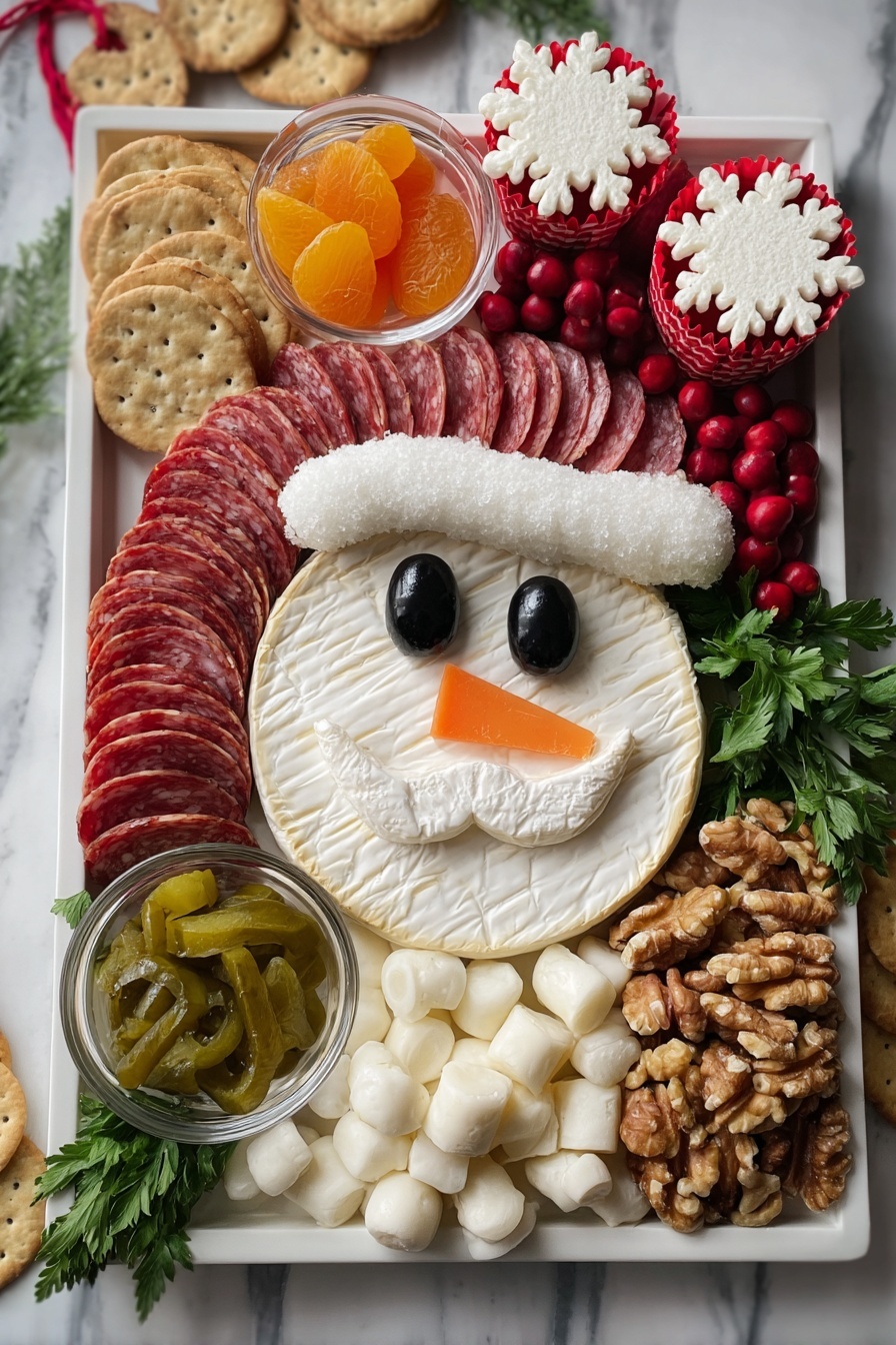 A white plate holds a layered snack platter with a white round cheese shaped like Santa's face at the center, decorated with white rind forming a beard and hat brim, black olive slices as eyes, and a small red piece for the mouth. Around the cheese face, thin slices of red salami curl like hair on the upper left. White mozzarella balls and small white cheese cubes are spread nearby. Walnuts are clustered on the bottom center and top left. Bright red berries and fresh green parsley leaves add color throughout. A small clear bowl of dried orange apricots is at the bottom left, and another clear bowl with green pickles is placed near the top right corner. Two red paper cups hold golden crackers on the top left and light brown biscuit sticks on the bottom right. The background is a white marbled surface. photo taken with an iphone --ar 4:5 --v 7