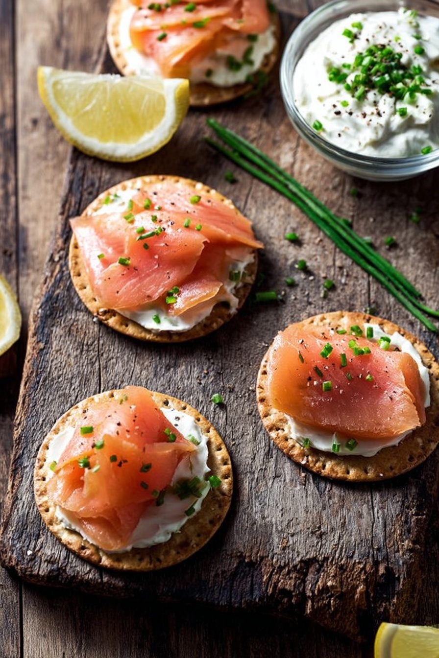 Four round crackers each topped with a creamy white spread, folded slices of orange-pink smoked salmon arranged on top, sprinkled with chopped green herbs, all placed on a dark wooden cutting board. Nearby, slices of lemon and more crackers sit on a white marbled surface. A glass bowl filled with white creamy spread garnished with green herbs is also visible. A white plate with more slices of smoked salmon is partially shown in the corner. photo taken with an iphone --ar 4:5 --v 7