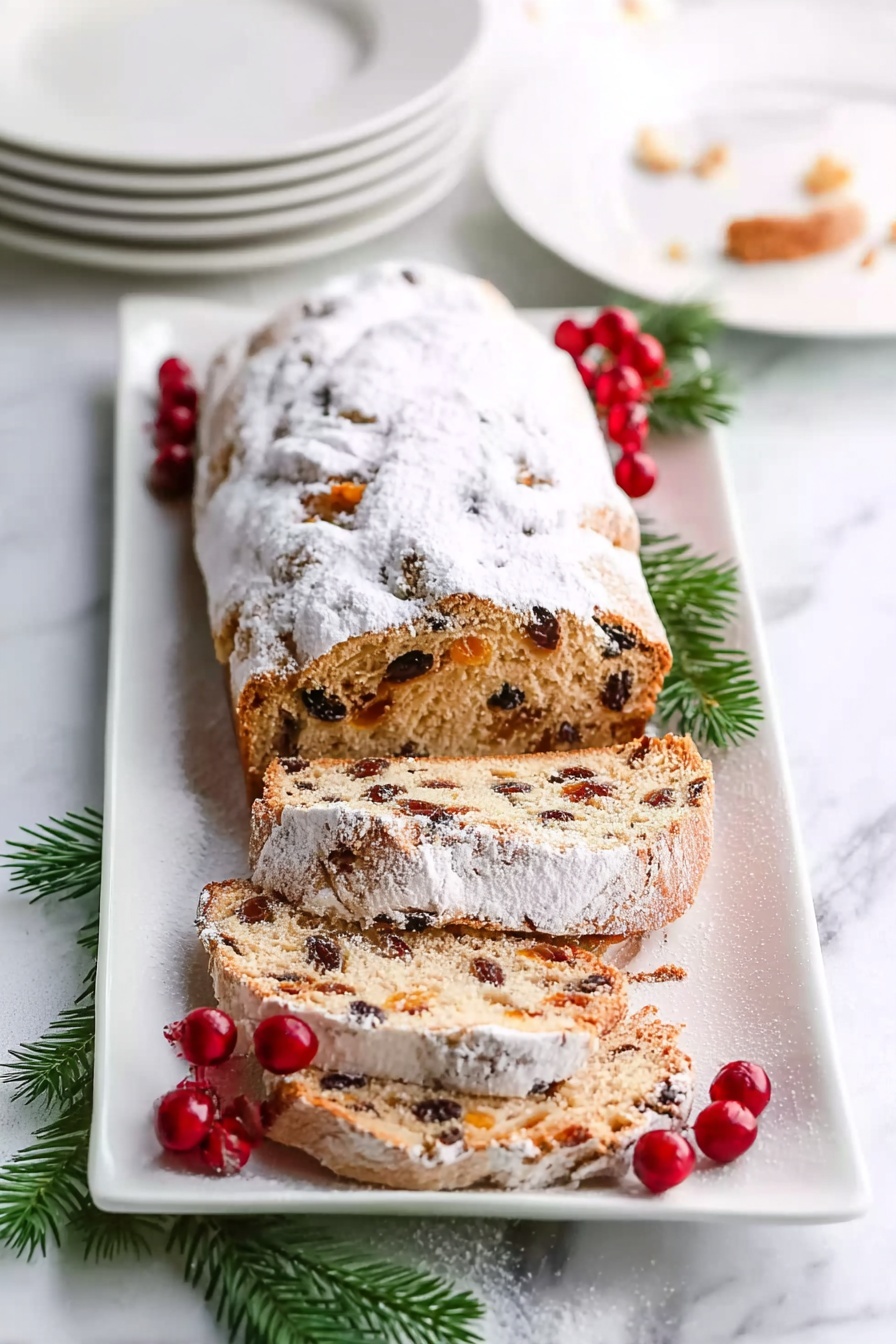 A loaf of fruit bread covered with a thick layer of white powdered sugar sits on a white marbled surface. Three slices are cut from the loaf and placed beside it, showing a light brown interior filled with dark red and brown dried fruits and nuts. To the left of the bread is a metal sieve filled with powdered sugar. Small green fir branches with red berries and small brown pine cones decorate the corners of the scene. Photo taken with an iphone --ar 4:5 --v 7