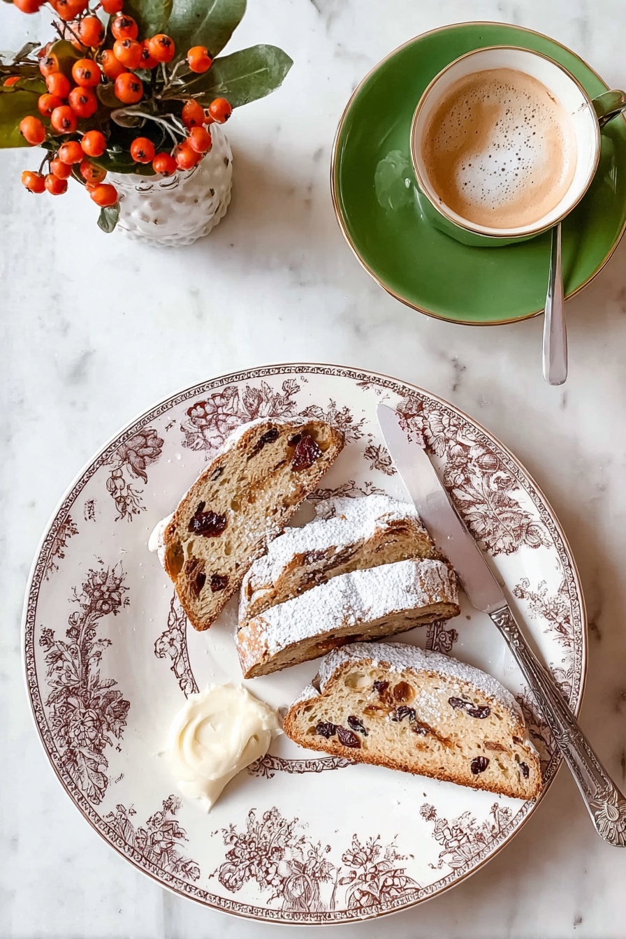 A white plate with brown floral patterns holds four slices of fruit bread, each slice showing a light brown crust and a soft inside with visible dark and orange dried fruit pieces scattered through it. There is a silver butter knife resting on the plate with a thick spread of pale yellow butter. Next to the plate, on a white marbled surface, is a bright green cup and saucer with a light brown coffee topped with frothy cream, a silver spoon rests on the saucer, partially covered with some coffee foam. In the top left corner, a small clear glass vase holds red berries and green leaves. Photo taken with an iphone --ar 4:5 --v 7