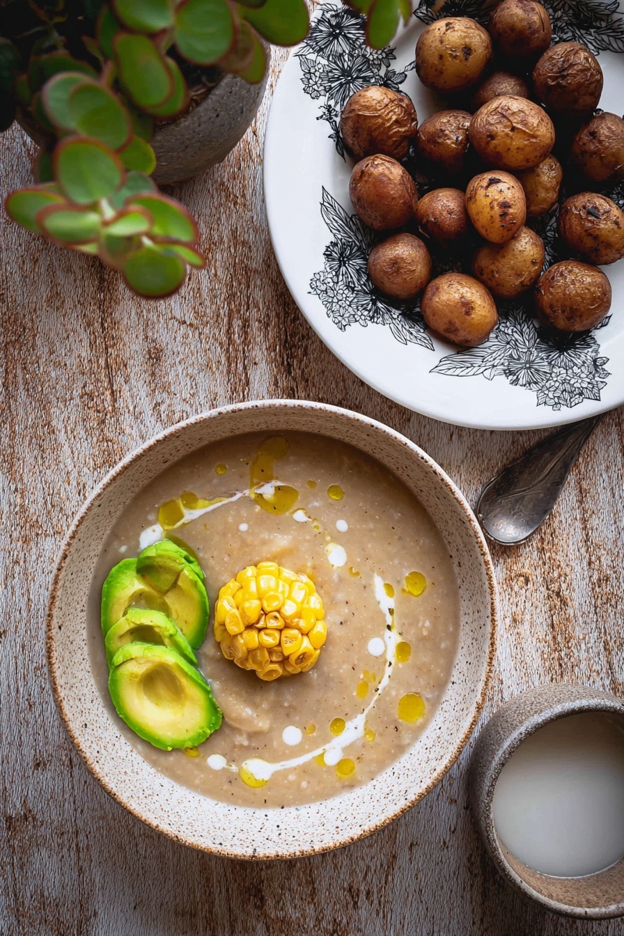 A black bowl filled with thick soup that has a creamy light brown color with small pieces of meat and vegetables mixed inside. On top, there is a bright yellow and white corn cob piece positioned near the center, and thin green avocado slices arranged in a fan shape on one side of the bowl. White cream is drizzled over the soup in thin swirls, along with small drops of golden oil scattered around the surface. The bowl sits on a white marbled textured surface, and to the left are two tarnished silver spoons placed parallel to each other. Photo taken with an iphone --ar 4:5 --v 7