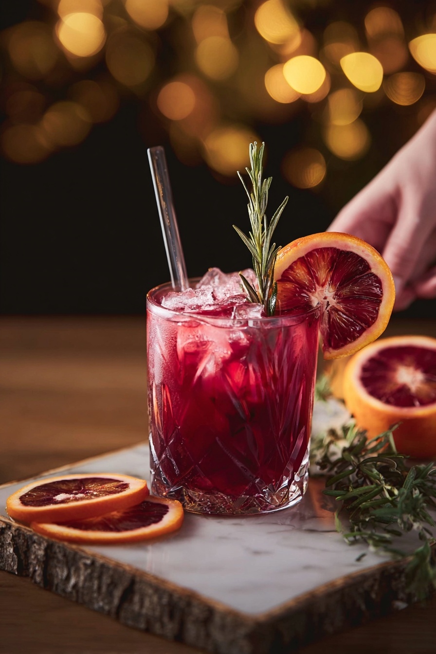 A clear glass filled with a deep red-purple drink with visible ice cubes inside. The drink has a sprig of green rosemary standing vertically in the glass. On the rim of the glass, there is a wedge of blood orange showing its red and orange inner colors. The glass is placed on a small piece of light brown wood, and next to it are two blood orange slices lying flat on the white marbled surface. Behind the glass, there is a small, frosted white plant decoration. The background is softly blurred with warm yellow and white lights. photo taken with an iphone --ar 4:5 --v 7