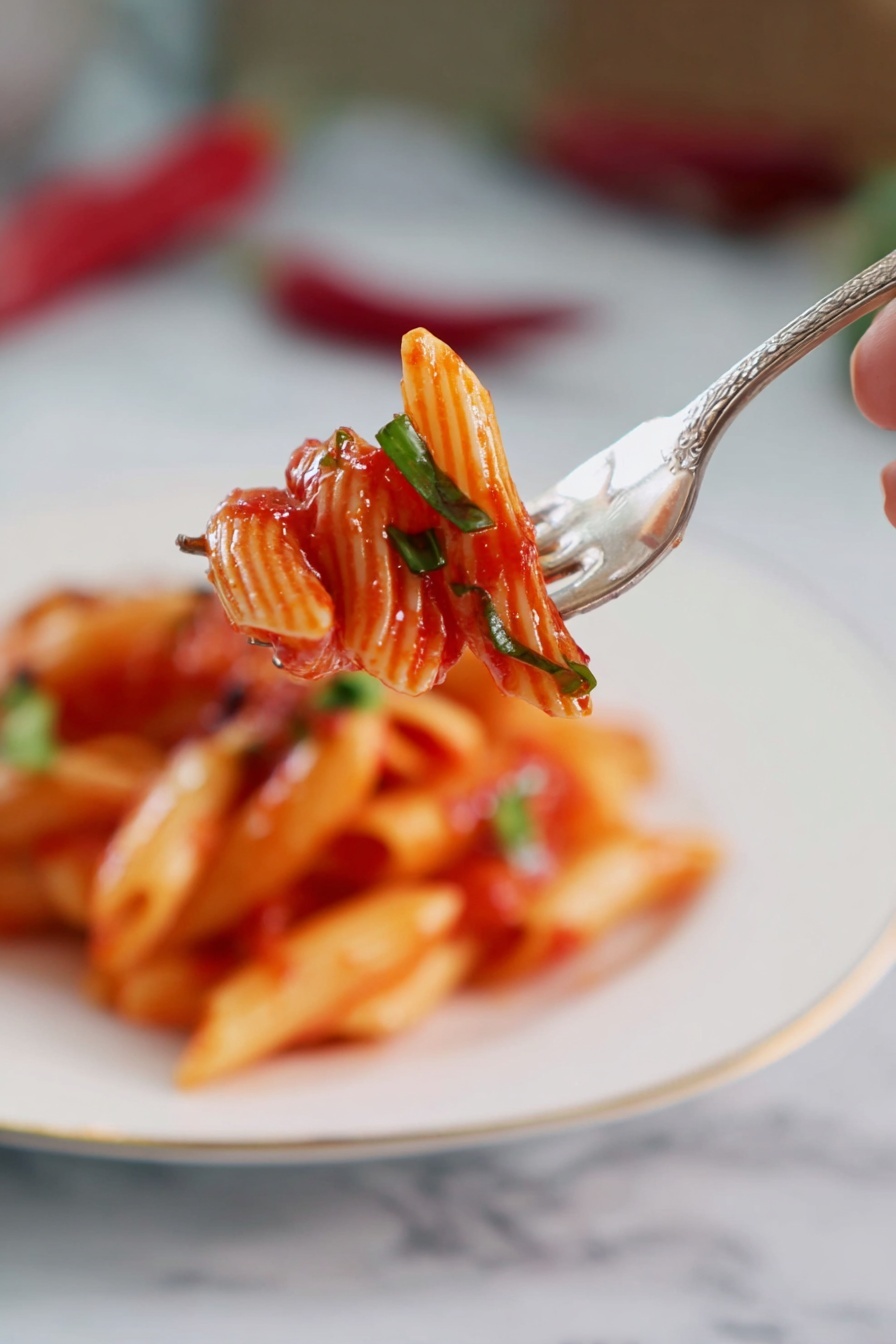 The image shows a close-up of pasta with a bright red tomato sauce, served in a white plate. The pasta pieces are short tubes with ridges and are fully covered in thick tomato sauce. Small pieces of shredded green herbs are sprinkled on top of the pasta for color. In the background, slightly out of focus, there is a red chili pepper lying on a white marbled surface. The overall look is fresh and simple with vibrant colors. photo taken with an iphone --ar 4:5 --v 7