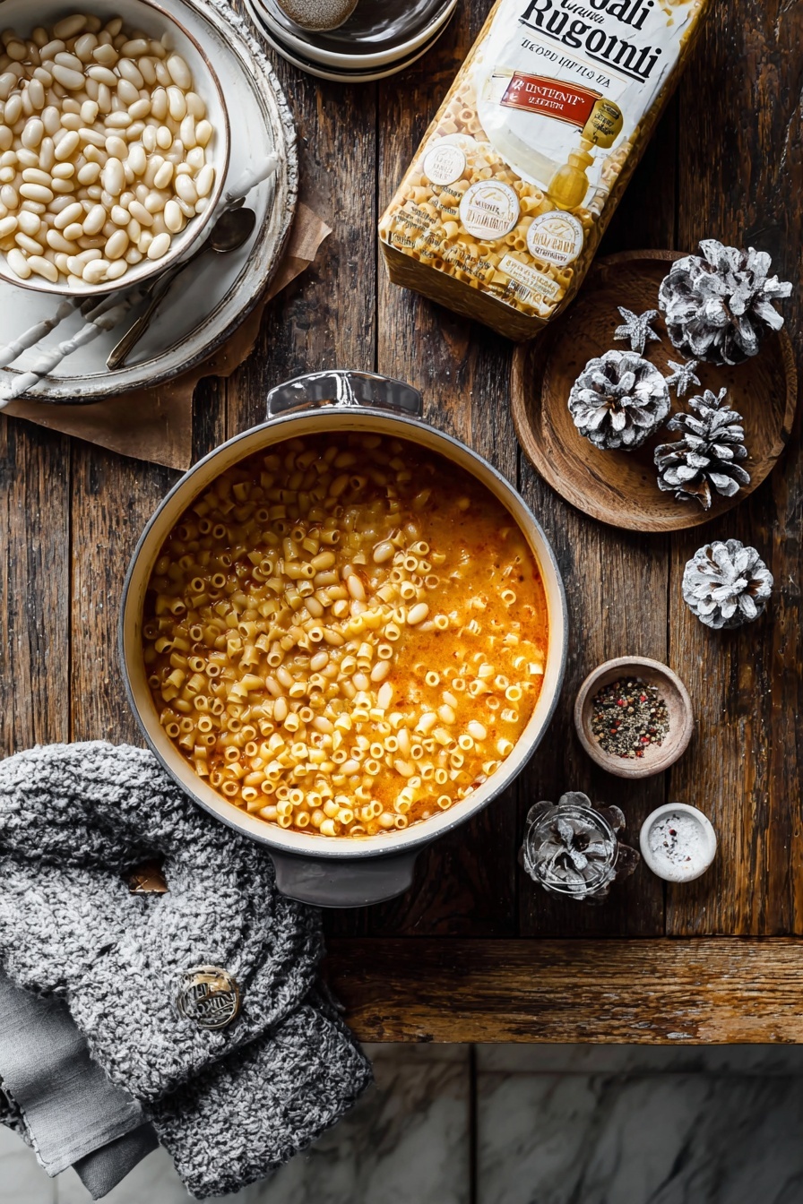 A rustic wooden table holds a round copper pot filled with a warm dish of small tube pasta mixed with white beans in a light yellow broth, topped with a sprinkle of black pepper. The pot rests on a well-used wooden cutting board with visible knife marks. To the left, a white bowl contains white beans in an oily yellow liquid. Near the pot, a small white textured salt dish holds coarse salt and pepper. At the top, a knitted gray oven mitt covers the handle of the pot. There are two set gray cloth napkins, each held with a gold leaf napkin ring, one near a stack of white bowls with two spoons, and the other near a round wooden bowl filled with lightly frosted pinecones and gold Christmas ornaments. On the right side, a white bag of dried tube pasta with some spilling out lays next to a small glass pitcher filled with golden olive oil. The background and surface are made of white marbled texture. Photo taken with an iphone --ar 4:5 --v 7