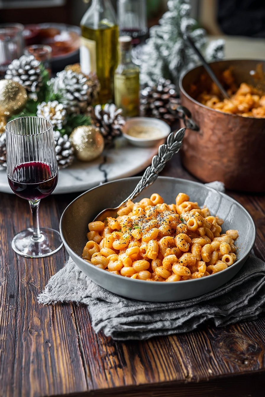 A grey bowl sits on a white marbled table, filled with two layers of small round pasta and white beans mixed in a light orange sauce, lightly speckled with black pepper. A silver spoon with an ornate leaf design handle is placed inside the bowl on the right side. Behind the bowl, a clear glass with red wine and a folded grey cloth rest on the table. In the background, there is a copper pot containing more of the pasta dish and a bowl with pinecones and gold Christmas decorations. Photo taken with an iphone --ar 4:5 --v 7