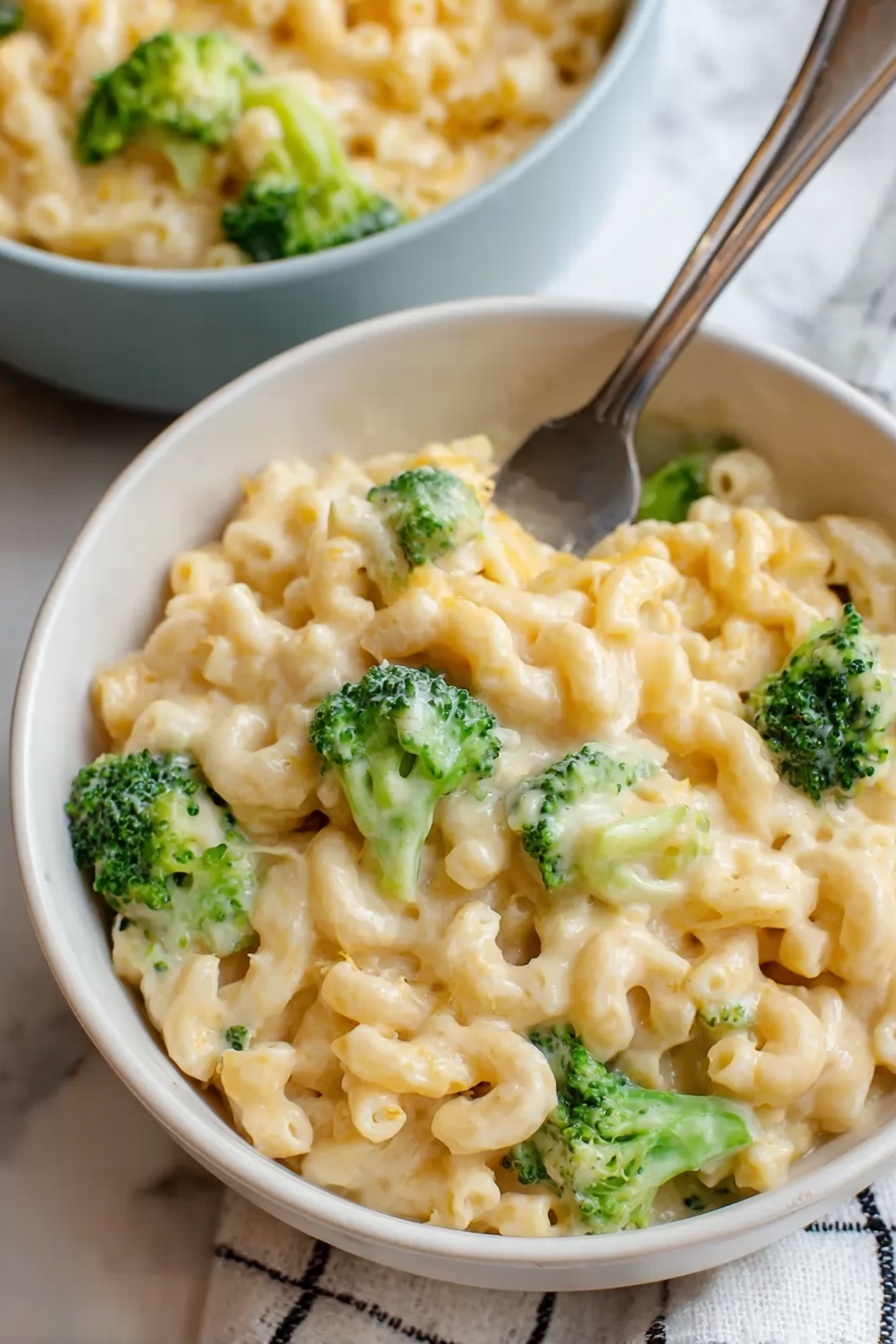 The image shows a close-up of a white bowl filled with creamy macaroni and cheese mixed with bright green broccoli florets. The macaroni is soft and coated in a smooth, light yellow cheese sauce with small black pepper specks. The broccoli pieces are scattered evenly throughout the dish, adding a fresh, green contrast to the pale macaroni. A silver spoon is placed inside the bowl, partially buried in the food. The bowl sits on a white marbled surface with a white cloth featuring thin black lines visible nearby. The photo taken with an iphone --ar 4:5 --v 7