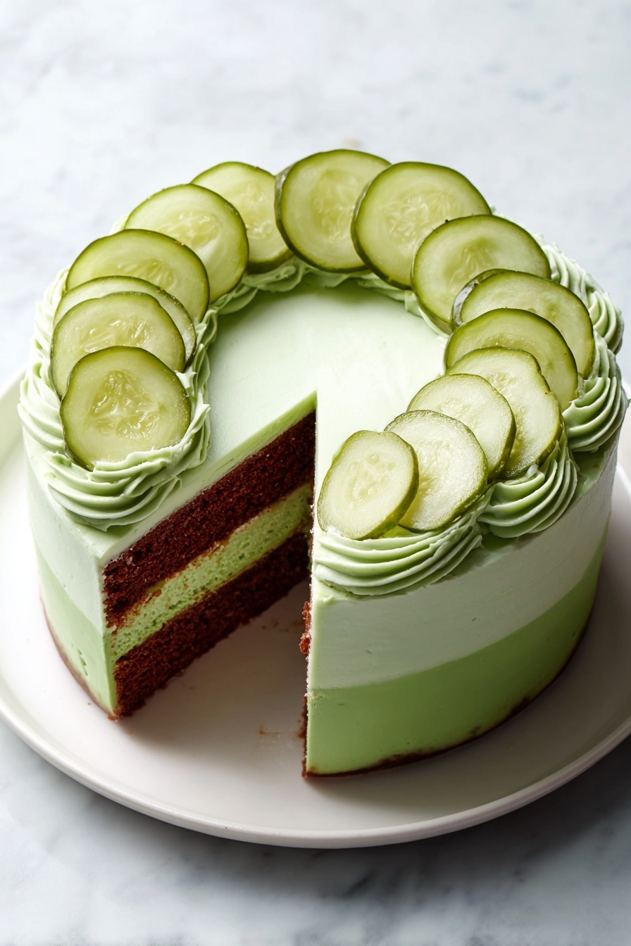 A white plate with a round cake that has three visible layers: the bottom layer is a light brown cake, the middle layer is a thin darker brown section, and the top layer is a smooth, light green frosting spread evenly. The cake is cut into six slices, with two slices removed showing the inside layers clearly. On top of the frosting, there are several round pickle slices placed along the edge of the cake. The background is a white marble texture. photo taken with an iphone --ar 4:5 --v 7