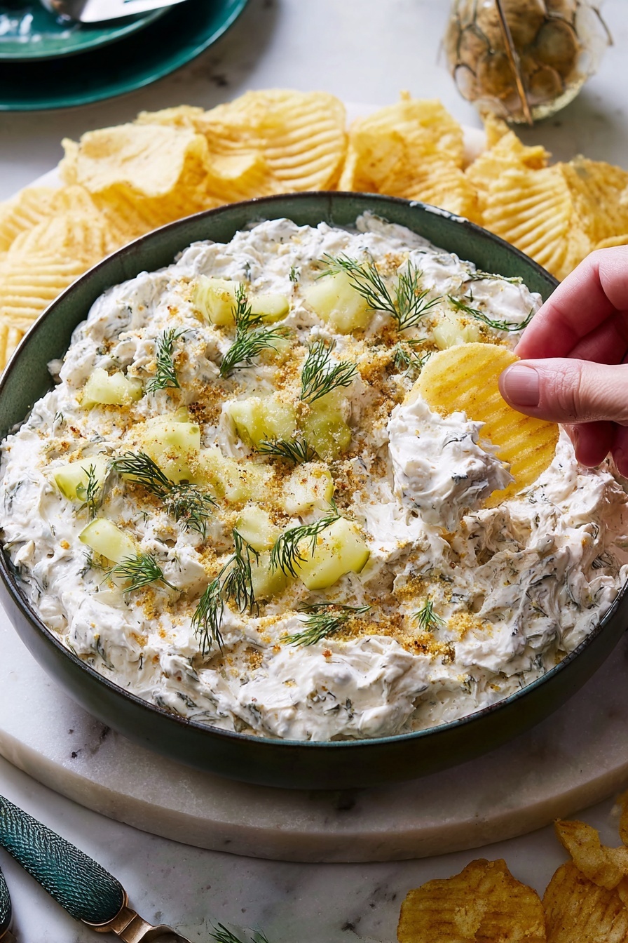 A beige bowl sits in the center on a white marbled surface, filled with multiple layers: the bottom layer is creamy white, topped with a scattered mix of light brown breadcrumbs and a generous amount of small green pickle cubes, and a dollop of white sauce in the middle. Surrounding the bowl are a wooden spoon holding more breadcrumbs, a small beige bowl with white powder, a green bowl with more pickle cubes, a jar of pickles with brine visible, and a white plate piled with fresh dill leaves. To the right, a white plate holds two spoons with dark green handles. Photo taken with an iphone --ar 4:5 --v 7