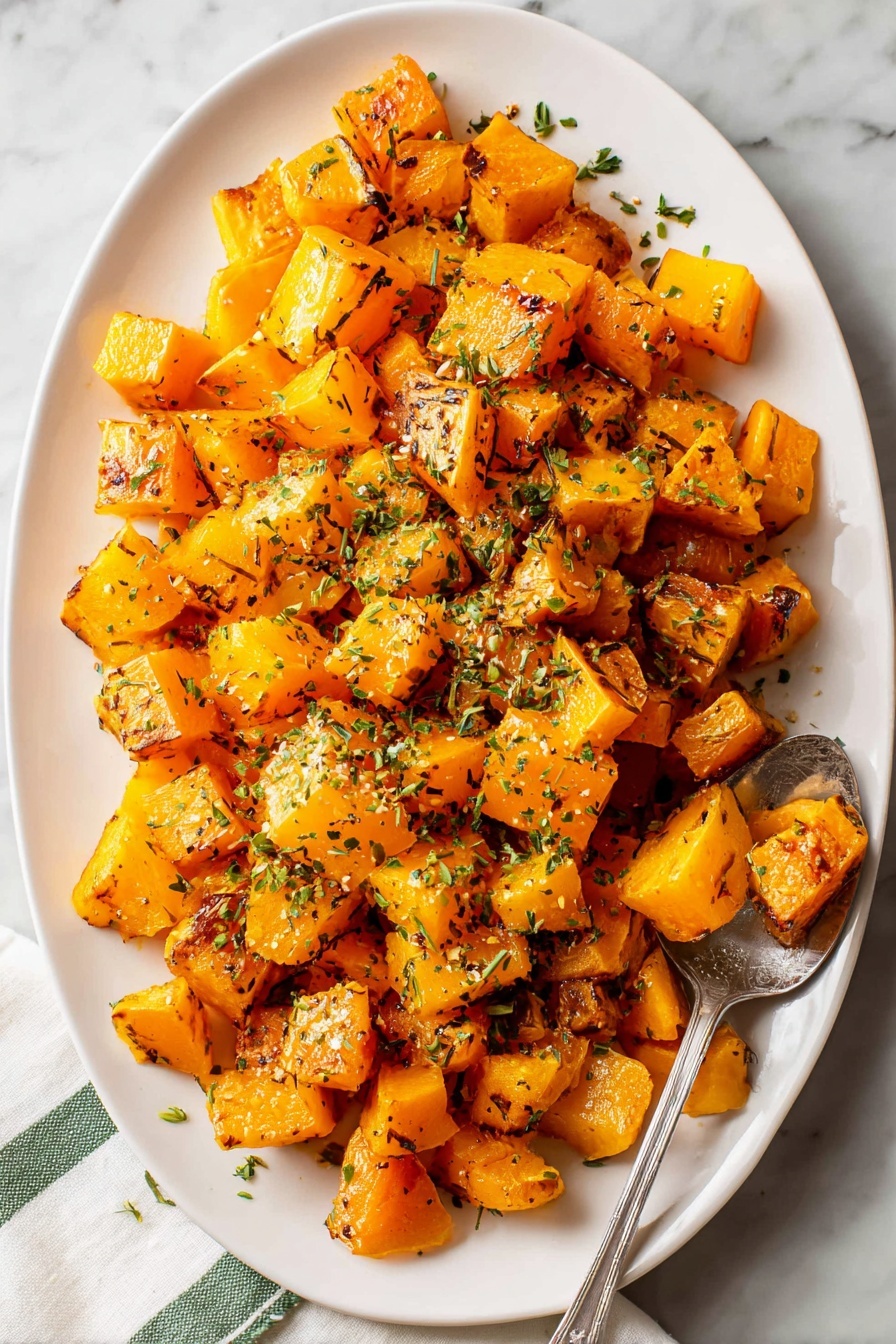 The image shows a white plate filled with roasted orange sweet potato cubes that have a slight golden brown color on some edges, indicating they are cooked. The cubes vary in size and show a soft texture, scattered evenly across the plate. Small green herb bits, likely parsley or cilantro, are sprinkled on top, adding a touch of color and freshness. There is a silver spoon resting on the plate with a few sweet potatoes on it. The plate is placed on a white marbled surface. Photo taken with an iphone --ar 4:5 --v 7
