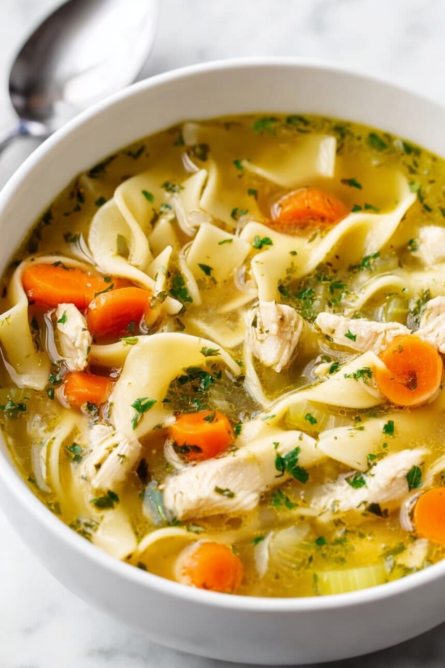 The image shows a white pot with a red outer side filled with chicken noodle soup. Inside the pot, layers include broth with a light yellow color, chunks of white chicken, orange carrot slices, green celery pieces, and wide flat noodles that are pale in color. A black ladle in the pot is lifting a spoonful of soup, showing these ingredients clearly mixed together. The pot sits on a white marbled surface with some parsley and orange carrots visible in the background. Photo taken with an iphone --ar 4:5 --v 7