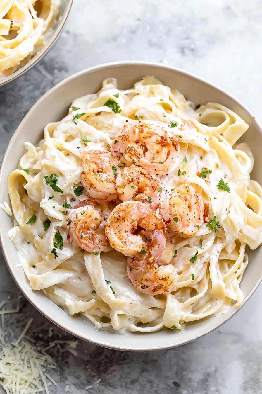 A white bowl filled with creamy fettuccine pasta topped with a small pile of cooked shrimp at the center. The fettuccine noodles are coated in a smooth, thick white sauce, and the shrimp are pink with a slight orange tint, arranged in a loose circle. Small green herb pieces are sprinkled lightly over the pasta and shrimp for color contrast. The bowl sits on a white marbled surface with a few scattered bits of herbs and grated cheese around it. photo taken with an iphone --ar 4:5 --v 7