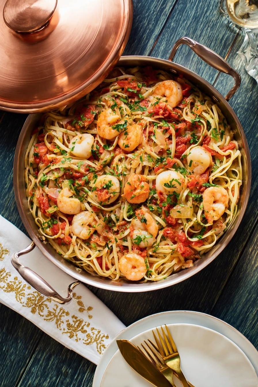 A copper pan filled with a seafood pasta dish sits on a white marbled surface. Inside the pan are several layers: thick, pale yellow noodles form the base, mixed with orange shrimp, light beige scallops, and open clam shells showing off their light interiors. The seafood is coated with a chunky red tomato sauce, scattered with small green herb pieces, adding a fresh contrast. Around the pan, there is a white cloth with a gold pattern and a white plate with gold cutlery resting on it, the scene is lit softly making the dish look warm and inviting. Photo taken with an iphone --ar 4:5 --v 7