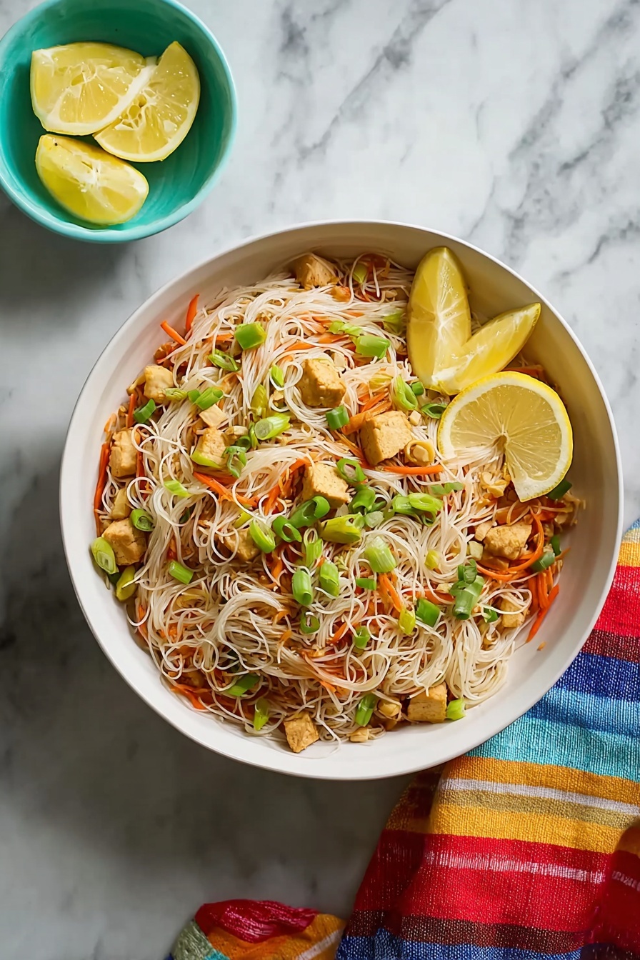 A large white bowl filled with thin white rice noodles as the base layer, mixed gently with bright orange carrot strips and small green cabbage pieces scattered on top. There are chunks of light brown chicken mixed evenly throughout the noodles. Thinly sliced green onions are sprinkled all over, adding small bursts of green color. Two yellow lemon wedges sit on the edge of the noodles inside the bowl. The bowl rests on a white marbled surface, near a small green dish holding more lemon wedges and a woman’s hand holding a lemon wedge slightly below it. A bright, multicolored striped cloth is visible to the side, adding warmth to the image. photo taken with an iphone --ar 4:5 --v 7