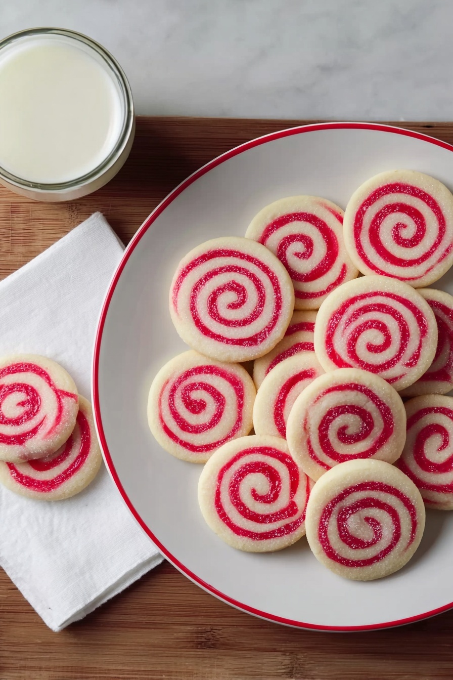 A white plate with a red rim is filled with round cookies showing two color spiral layers, one layer is bright pink and the other is creamy white, the spirals are evenly spaced and smooth. Next to the plate, on a white square napkin, three cookies show the same pink and white spiral design. A glass of milk with creamy white color is placed near the cookies. The background is a white marbled texture with some brown wood pattern. photo taken with an iphone --ar 4:5 --v 7