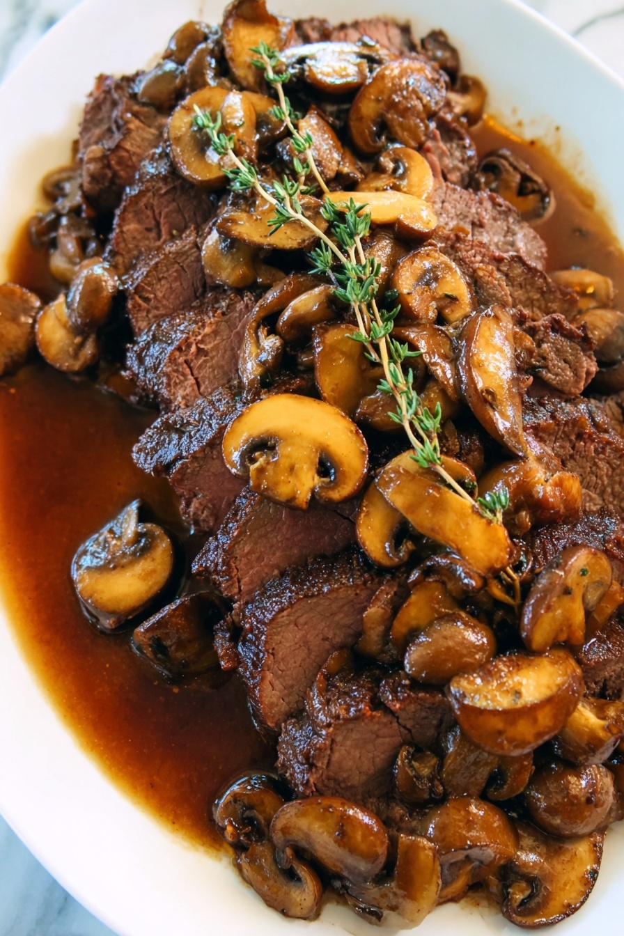 The image shows a white plate with several slices of cooked beef arranged in a slight fan shape at the bottom layer; the beef is brown and looks juicy with a textured, grilled surface. On top of the beef, there is a thick layer of cooked mushrooms that are glossy and browned in color, with smooth, shiny surfaces and soft edges. On the mushrooms, there are three green thyme sprigs spread out for decoration and added color. Around the beef and mushrooms, there is a dark, rich sauce pooling at the bottom of the white plate. The dish is placed on a white marbled surface. photo taken with an iphone --ar 4:5 --v 7