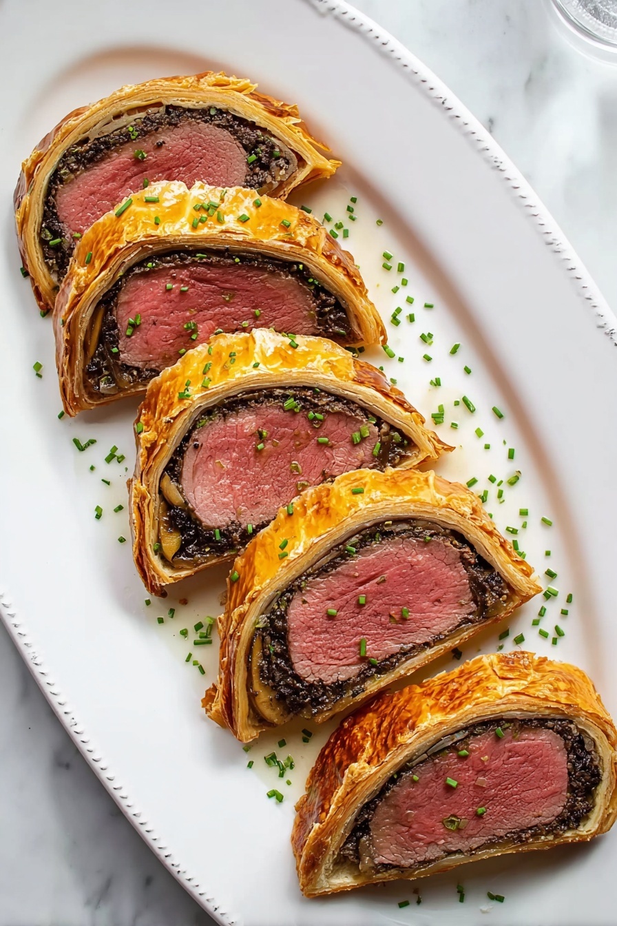 A white oval plate displays five slices of a beef Wellington, each slice showing three distinct layers: a bright pink center of cooked beef, surrounded by a thick dark brown mushroom duxelles layer with a slightly coarse texture, all wrapped in a golden-brown flaky puff pastry crust with a shiny surface and small salt flakes on top. Small green chives are sprinkled over the slices and the plate, which rests on a white marbled texture. Photo taken with an iphone --ar 4:5 --v 7