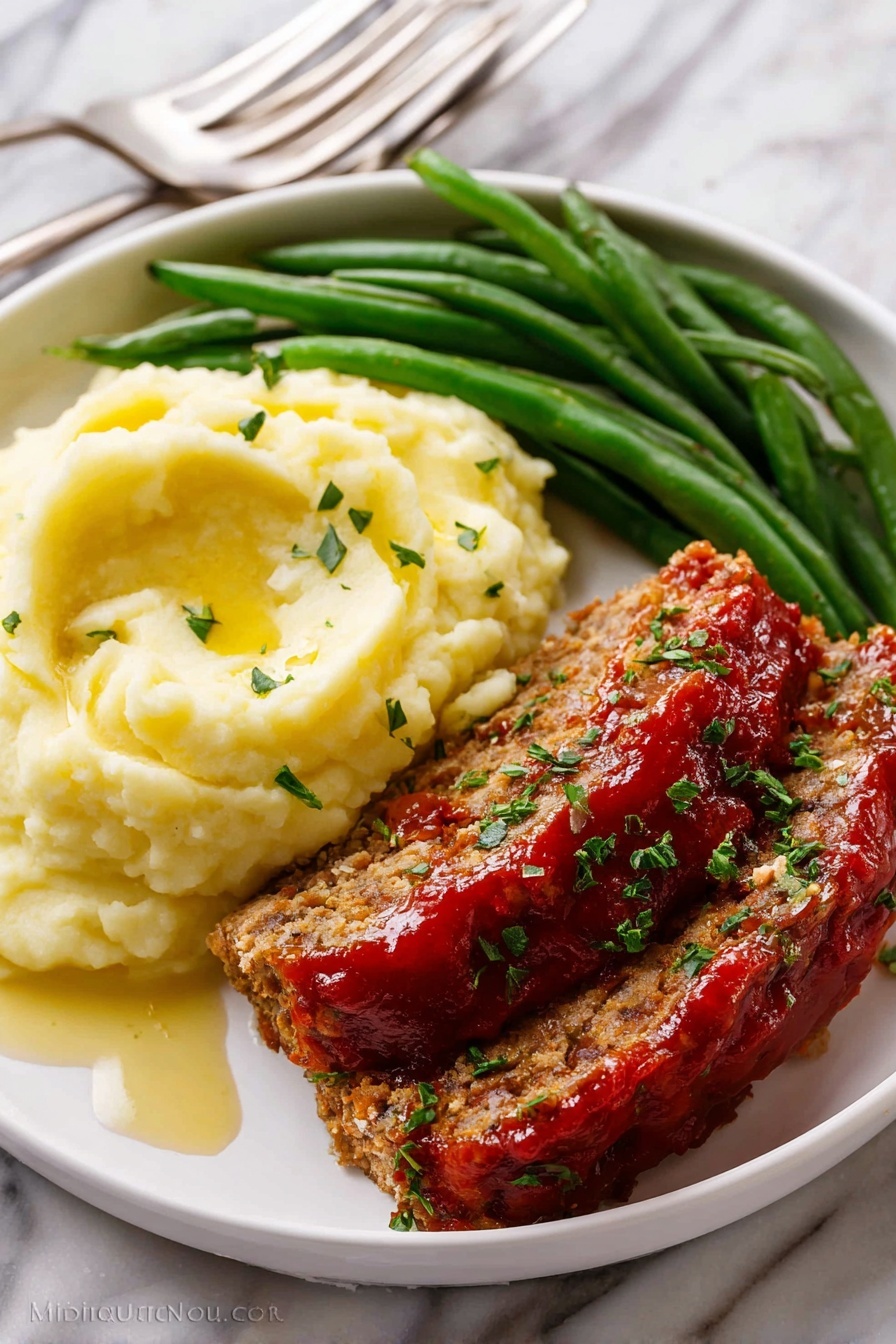 A white oval plate holds three thick slices of meatloaf stacked slightly overlapping. The top layer is a smooth, shiny, bright reddish-brown sauce that covers the meatloaf evenly and glistens under light. The meatloaf itself shows a coarse, crumbly texture with small bits of onion mixed inside, giving it a speckled brown and beige look. Small green herb pieces are sprinkled on top of the sauce and around the plate for a fresh color contrast. A silver fork sits on the left side of the plate, resting on the white marbled surface beneath. photo taken with an iphone --ar 4:5 --v 7