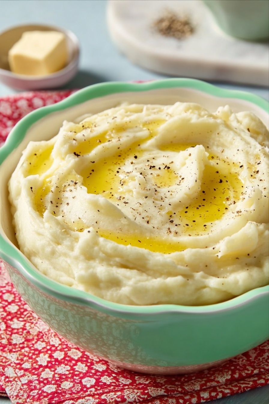 The image shows a close-up of a single scoop of creamy mashed potatoes placed on a white plate. The mashed potatoes are pale yellow with a smooth and slightly lumpy texture. A silver fork held by a woman's hand is lifting a portion of the mashed potatoes. The background surface is a white marbled texture. photo taken with an iphone --ar 4:5 --v 7