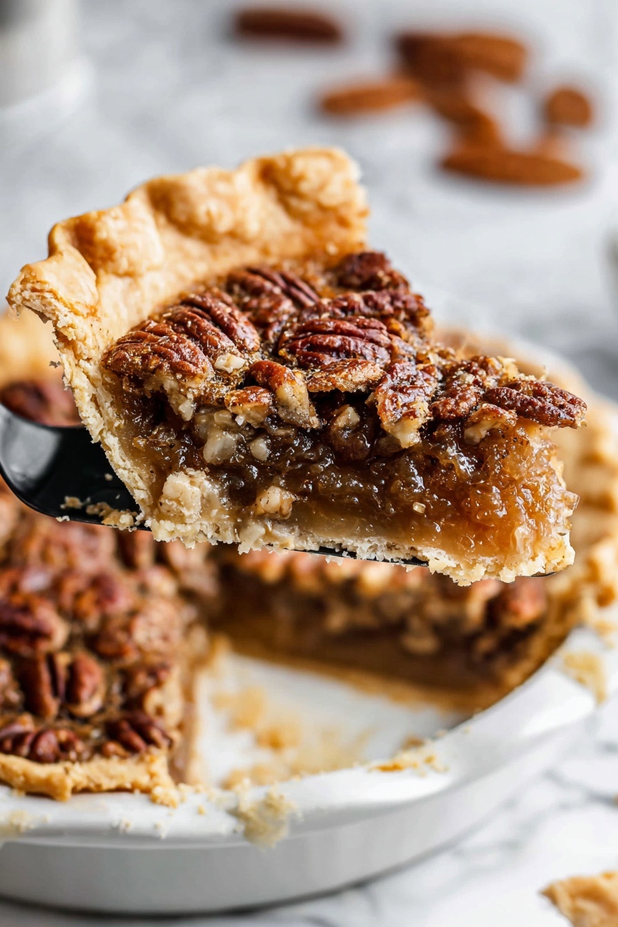A pecan pie sits in a white pie dish on a white marbled surface. The pie has one visible layer with a golden brown crust that is thick and crimped around the edges. The filling is dark brown with whole pecans scattered evenly on top, adding a textured, nutty look. Around the pie, there are some loose pecan halves and a wooden spoon with brown sugar spilling onto the marbled surface. A light beige cloth lies near the pie, and a stack of gray plates is partially visible in the upper right corner. photo taken with an iphone --ar 4:5 --v 7
