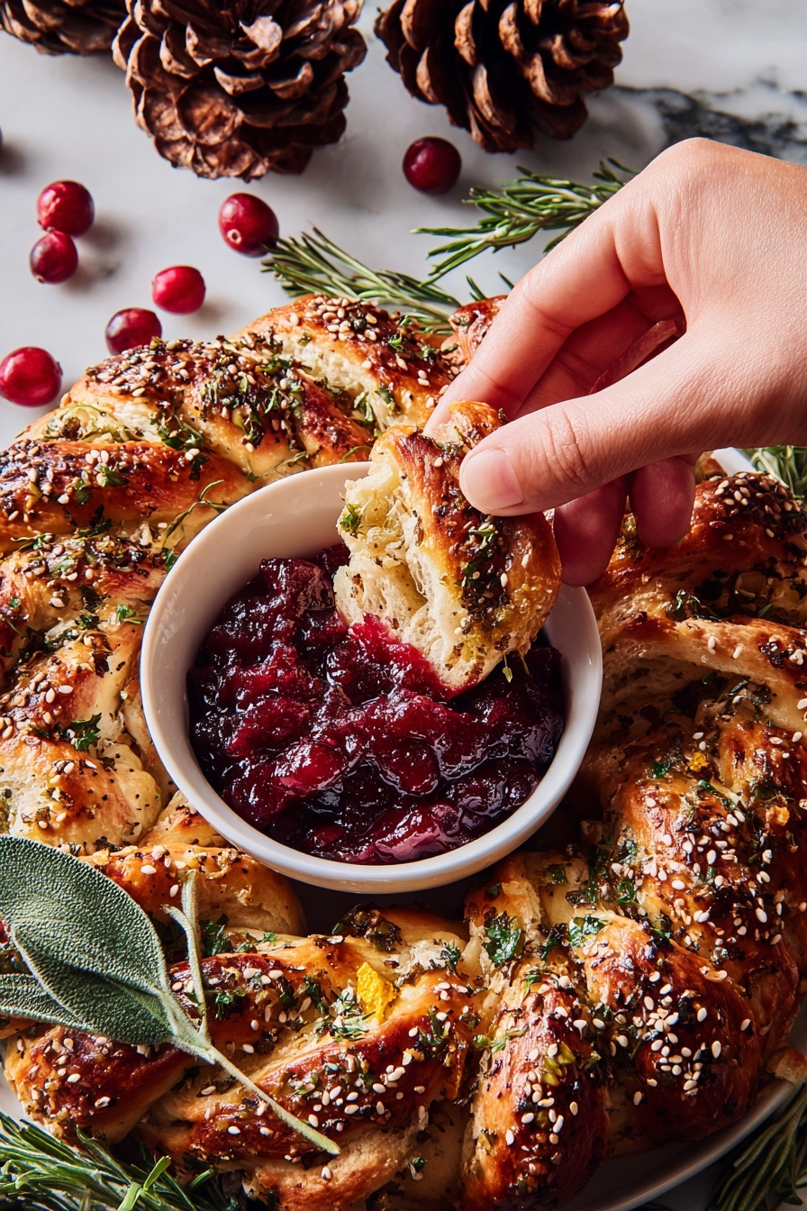 A round plate with a ring of small golden-brown crescent rolls each wrapped around a cooked sausage, sprinkled with black poppy seeds on top. In the center of the plate is a small white bowl filled with bright red ketchup, smooth and glossy. Fresh green rosemary sprigs are placed around the edge of the plate, contrasting with the golden crescent rolls. The plate sits on a white marbled surface. photo taken with an iphone --ar 4:5 --v 7