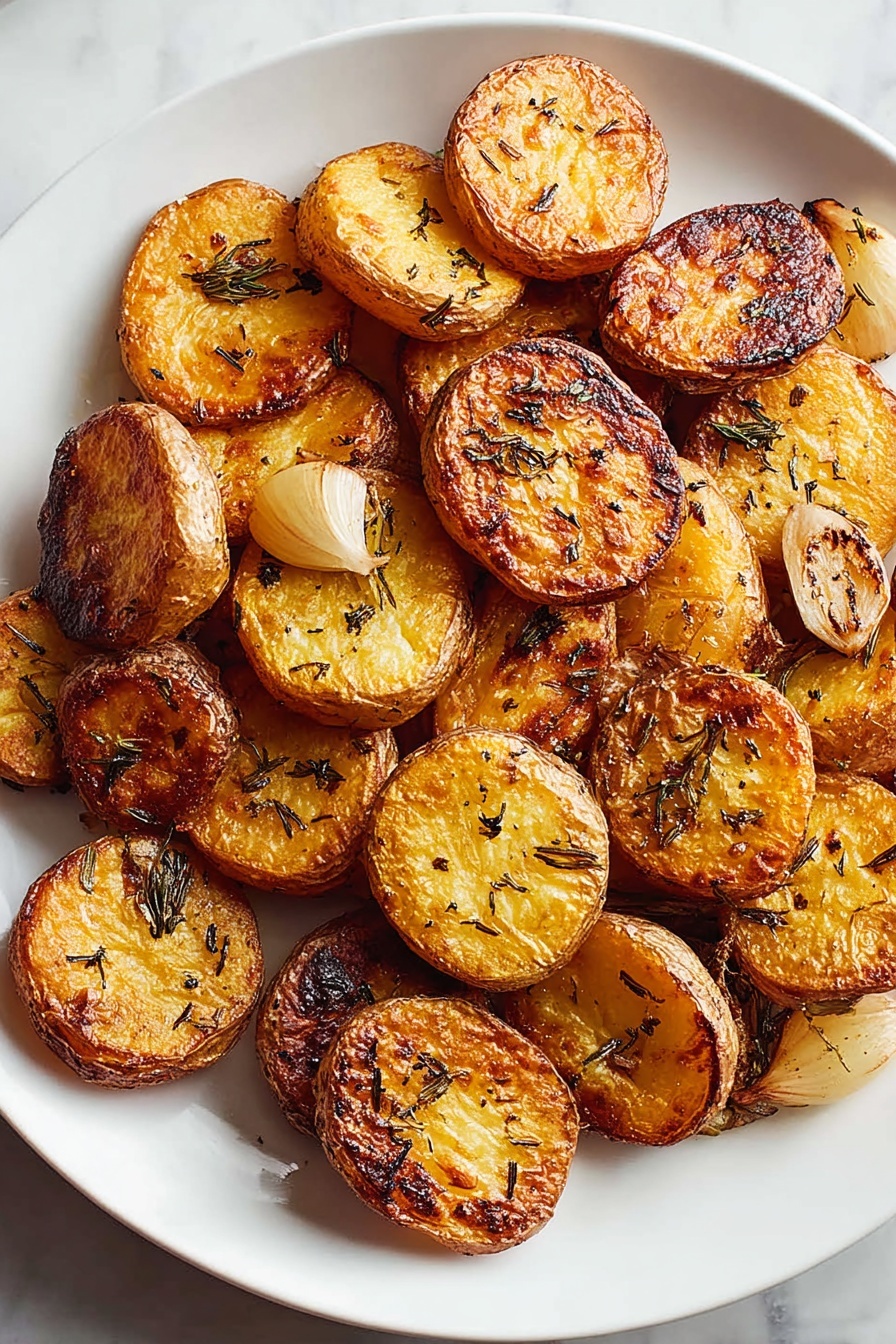 A metal baking tray holds two rows of golden brown roasted sweet potato slices, each piece round and thick, showing a crispy, slightly charred crust with visible herbs sprinkled on top. Several cloves of roasted garlic are scattered among the sweet potatoes, adding a light beige contrast. Two white kitchen towels held by a woman's hand appear at the tray's bottom corners, which is set on a white marbled surface. The baking tray shows signs of use with baked-on oil and small browned bits across its worn surface. photo taken with an iphone --ar 4:5 --v 7