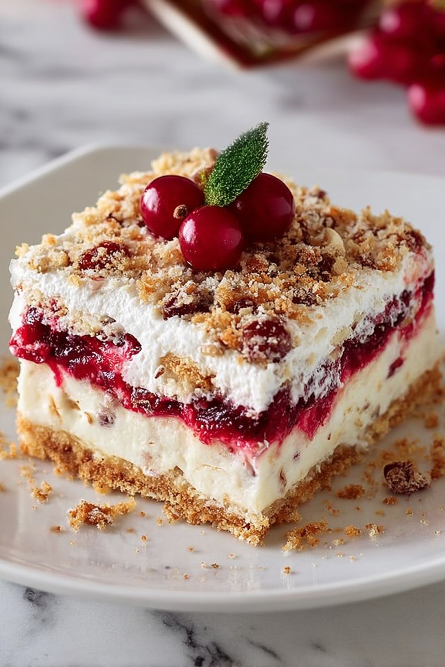A square dessert with four visible layers is placed on a white plate with a decorative edge, sitting on a brown rustic cloth over dark wood. The bottom layer is a thick, crumbly golden-brown crust. Above that, there is a creamy white layer with a soft texture, followed by a bright red layer filled with small fruit pieces, creating a rich contrast. On top of this is a fluffy white cream layer sprinkled with golden-brown crumbs and small chunks, adding texture. Three whole bright red cranberries with green leaves garnish the center of the top layer, giving a fresh look. The background shows a clear dish with more of the dessert blurred out on a white marbled surface. photo taken with an iphone --ar 4:5 --v 7