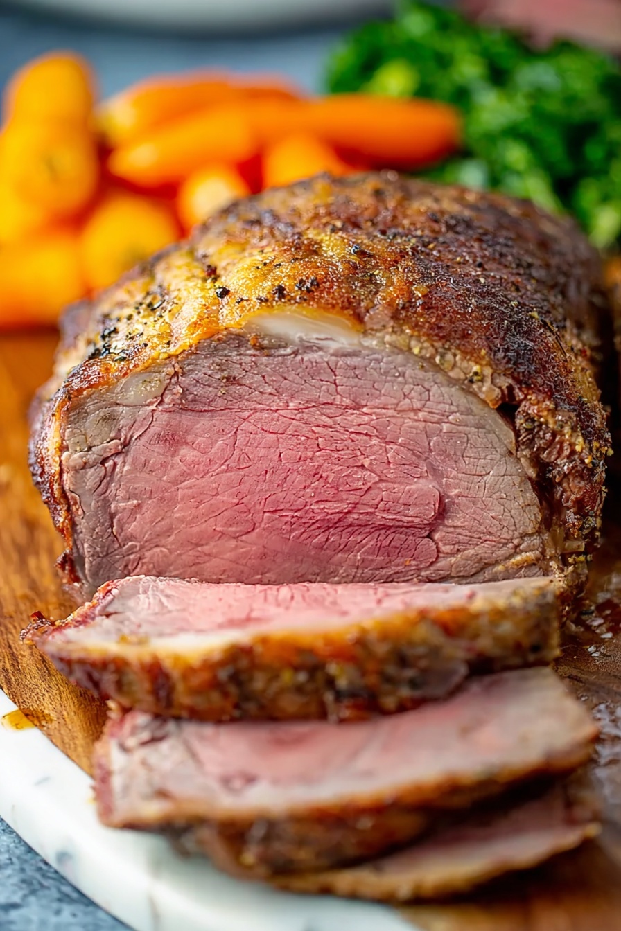 The image shows a roasted beef piece with a dark brown and crispy outer layer, sliced to reveal a pink and juicy middle. In front of the roast, there are three slices with a mix of pink and brown shades and a textured edge. Behind the beef, there are whole roasted carrots with a bright orange color. The food is placed on a wood cutting board, all set on a white marbled textured surface. The background is softly blurred with some green leafy garnish visible. photo taken with an iphone --ar 4:5 --v 7