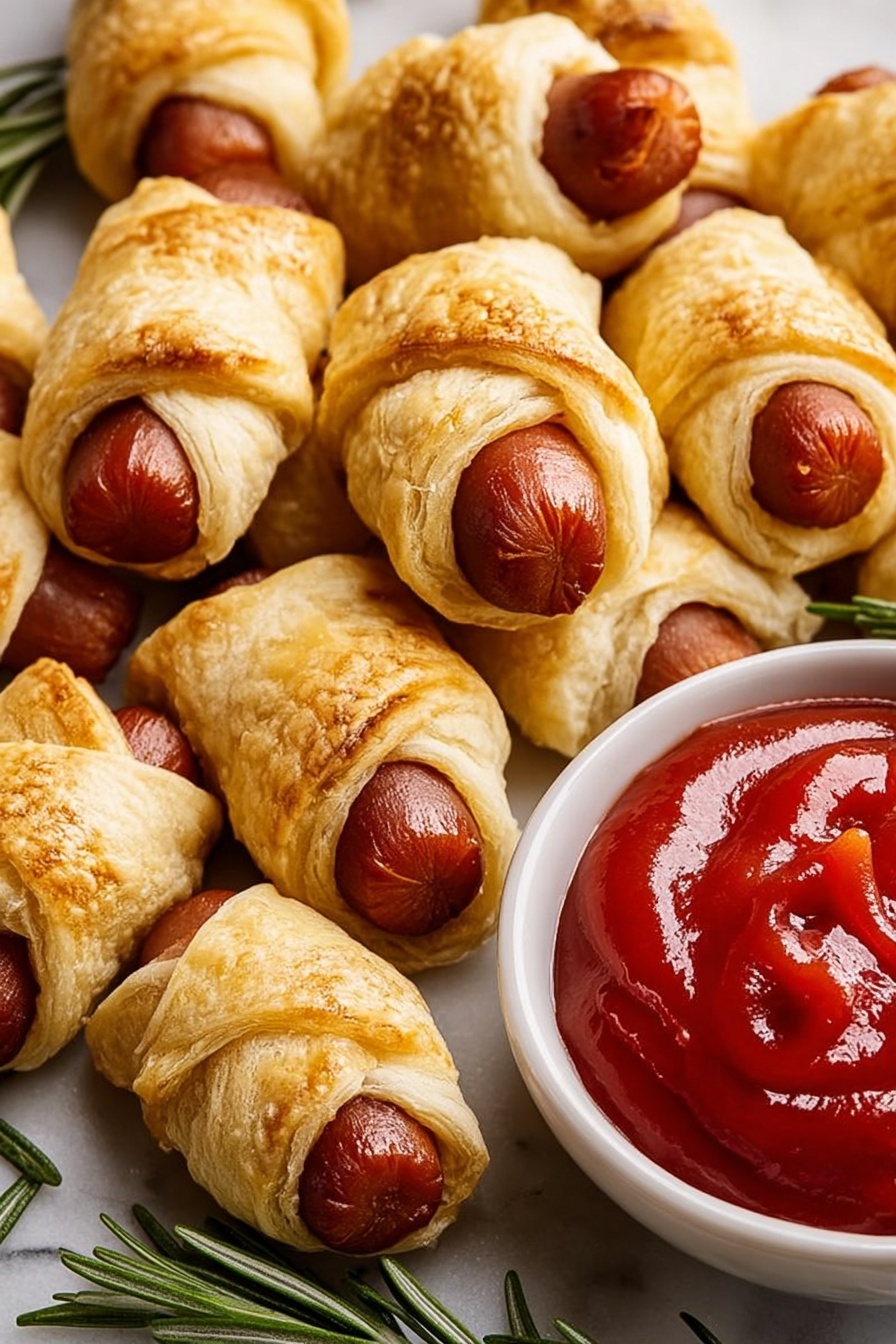 A round wooden board holds a wreath-shaped arrangement of small golden-brown crescent rolls wrapped around little sausages, forming two layers with the outer layer slightly bigger than the inner one. Bright red cherry tomatoes are tucked in between the crescent rolls and scattered on the board for color. Fresh green rosemary sprigs are placed under and around the wreath, adding a natural touch. In the center, a small white bowl filled with smooth red ketchup sits, completing the look. The board is set on a white marbled surface with a white cloth nearby, and a woman's hand is gently touching the board from the top left corner. Photo taken with an iphone --ar 4:5 --v 7