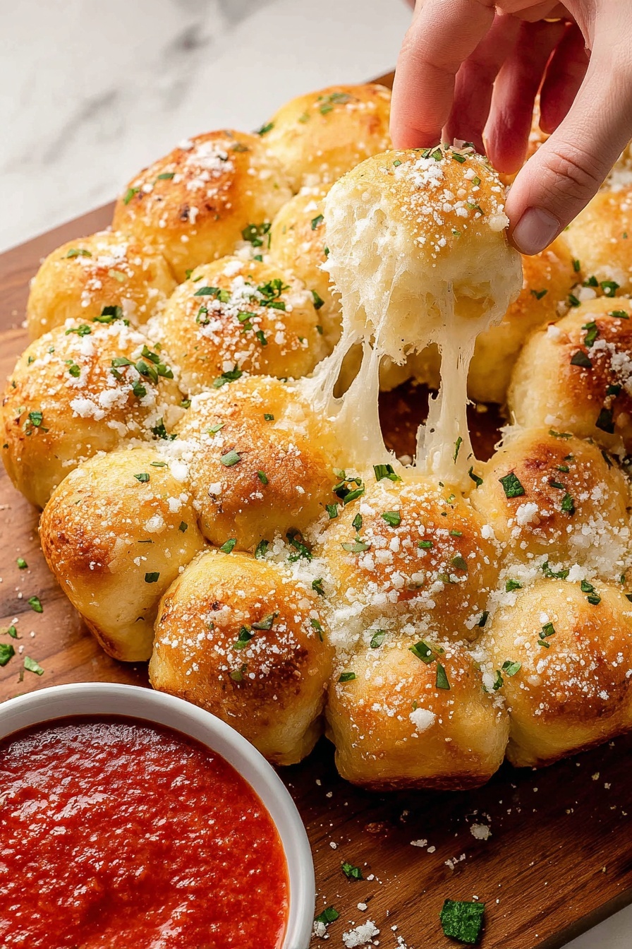 A ring of small, round bread balls baked golden brown, closely placed in a circle on a wooden surface with a white marbled texture background showing through. Each bread ball is topped with grated cheese and parsley bits, creating a speckled green and white pattern on the golden crust. In the lower part of the image, two woman's hands are pulling apart one bread ball, stretching melted white cheese between the separated halves. To the bottom left is a glimpse of a white bowl filled with bright red marinara sauce. photo taken with an iphone --ar 4:5 --v 7